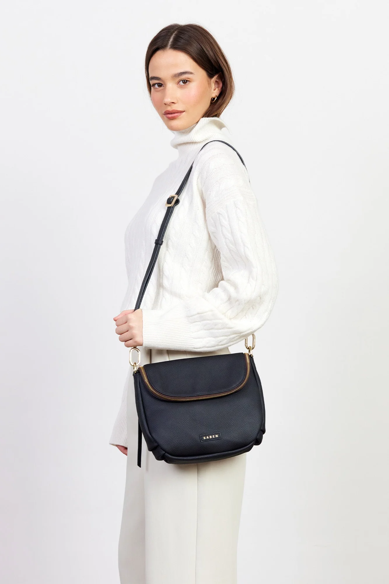 FiFi Black Fold Over Leather Shoulder Bag - Image 2