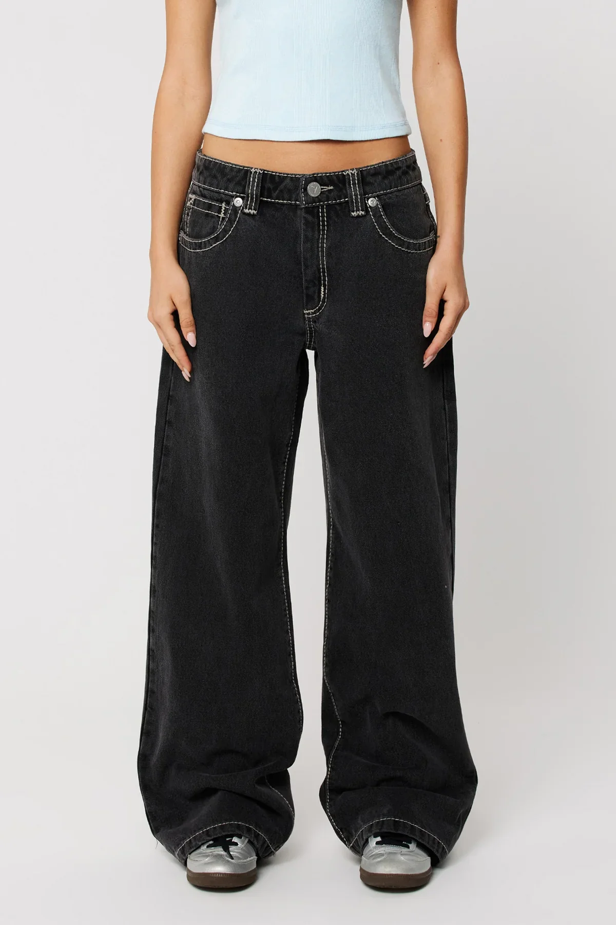 95 Frankie Black Contrast Stitch Mid Wide Leg Jean - Image 2