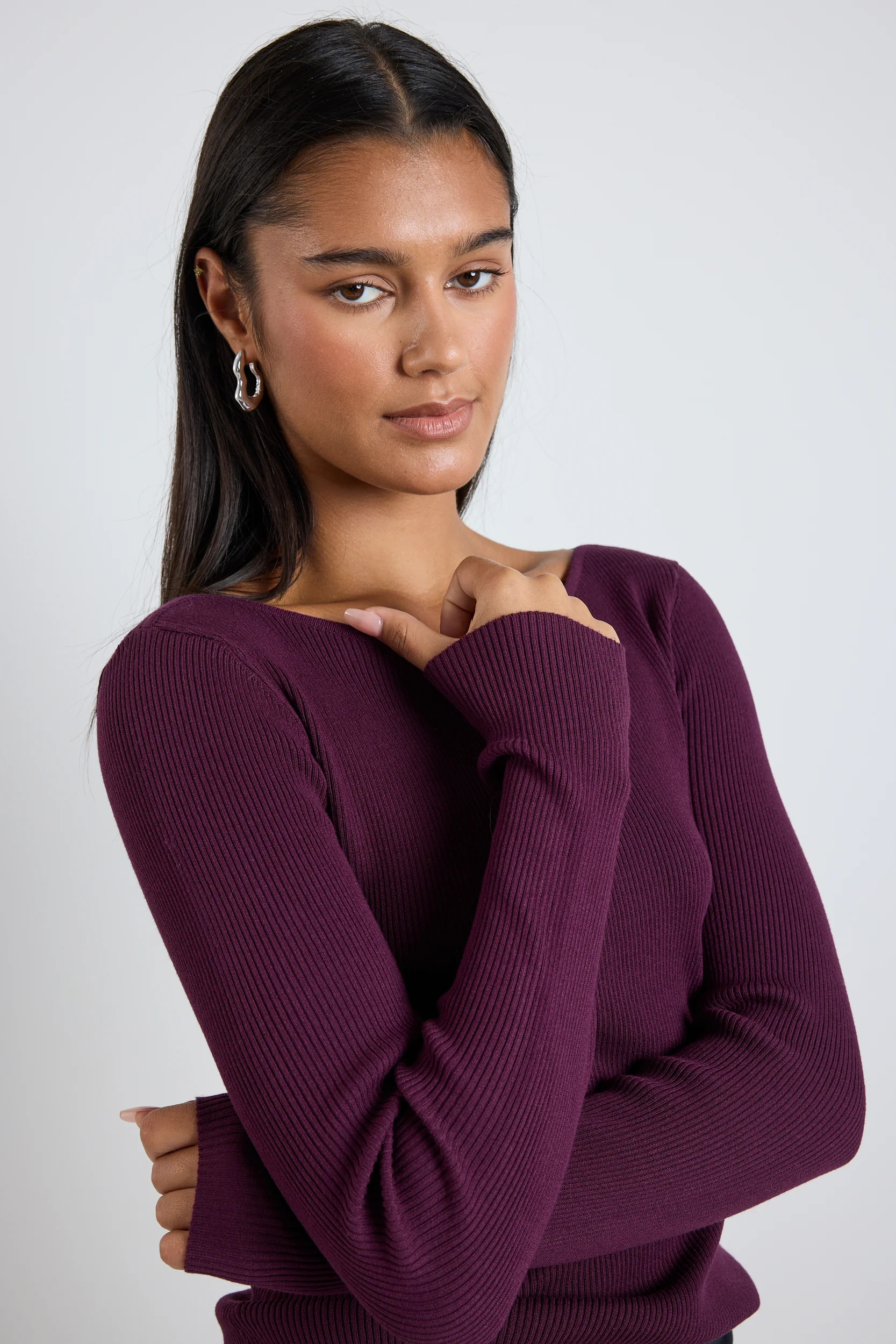 Action Burgundy Plum Boatneck Rib LS Knit Top