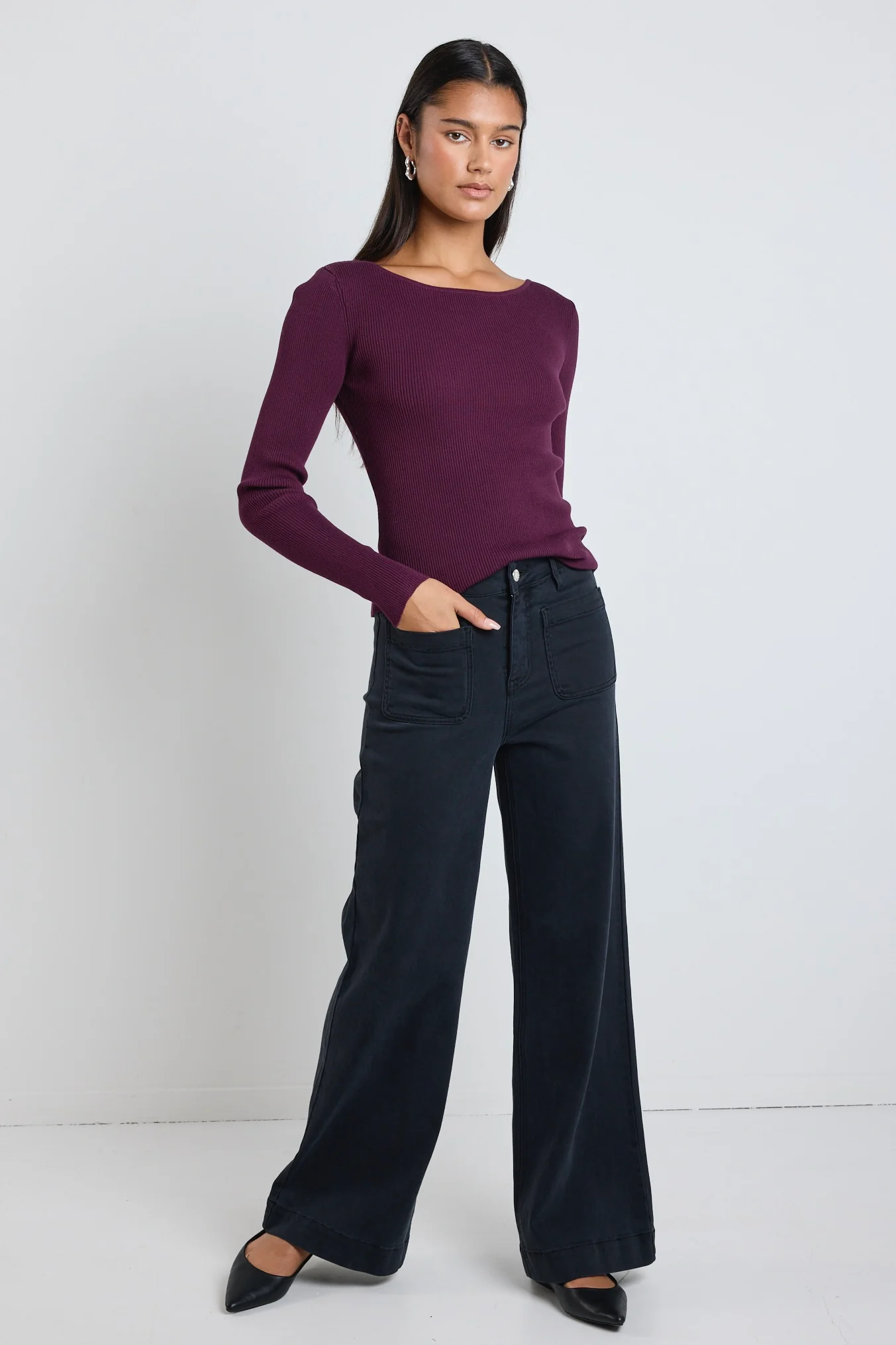 Action Burgundy Plum Boatneck Rib LS Knit Top - Image 2