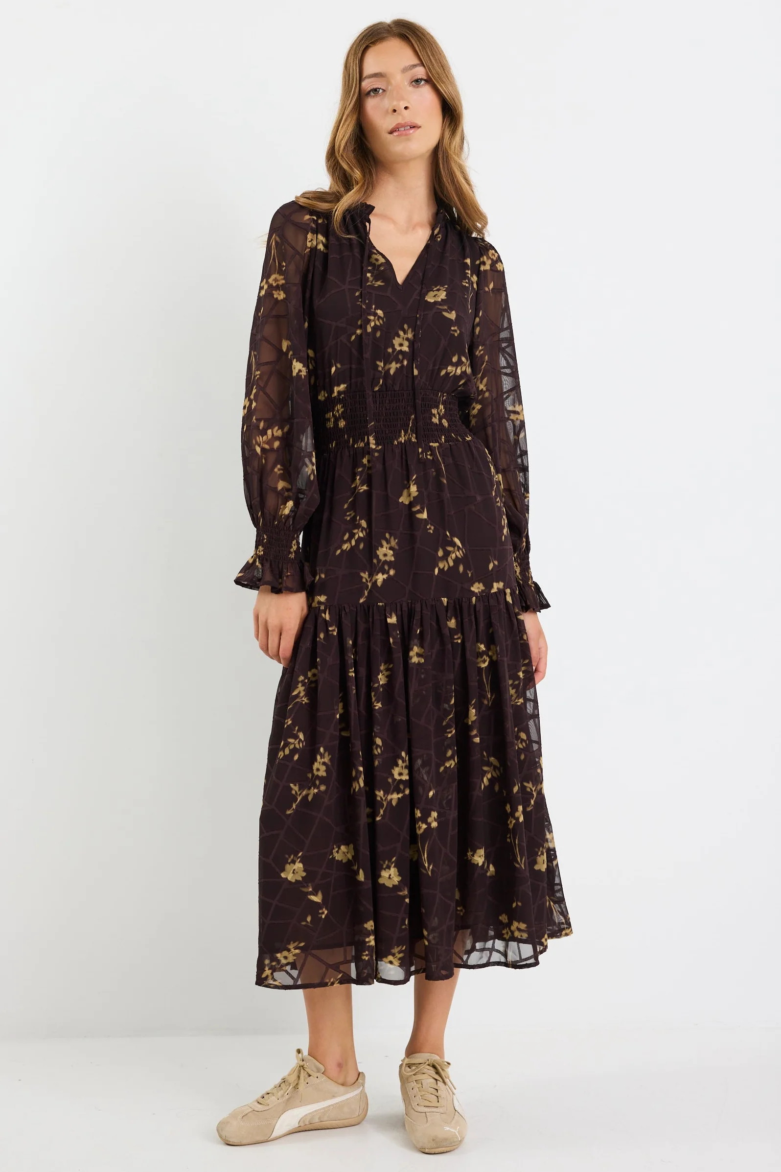 Addition Chocolate Butter Floral Long Sleeve Shirred Waist Tiered Maxi Dress - Image 2