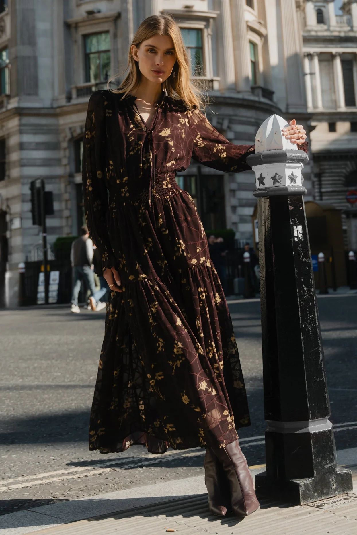 Addition Chocolate Butter Floral Long Sleeve Shirred Waist Tiered Maxi Dress - Image 3