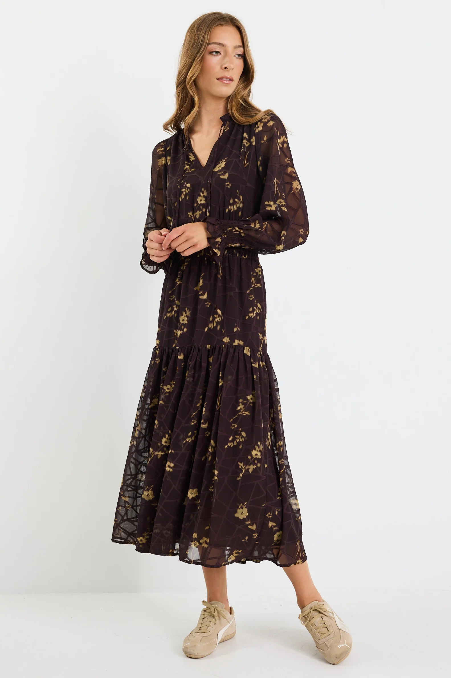 Addition Chocolate Butter Floral Long Sleeve Shirred Waist Tiered Maxi Dress - Image 4