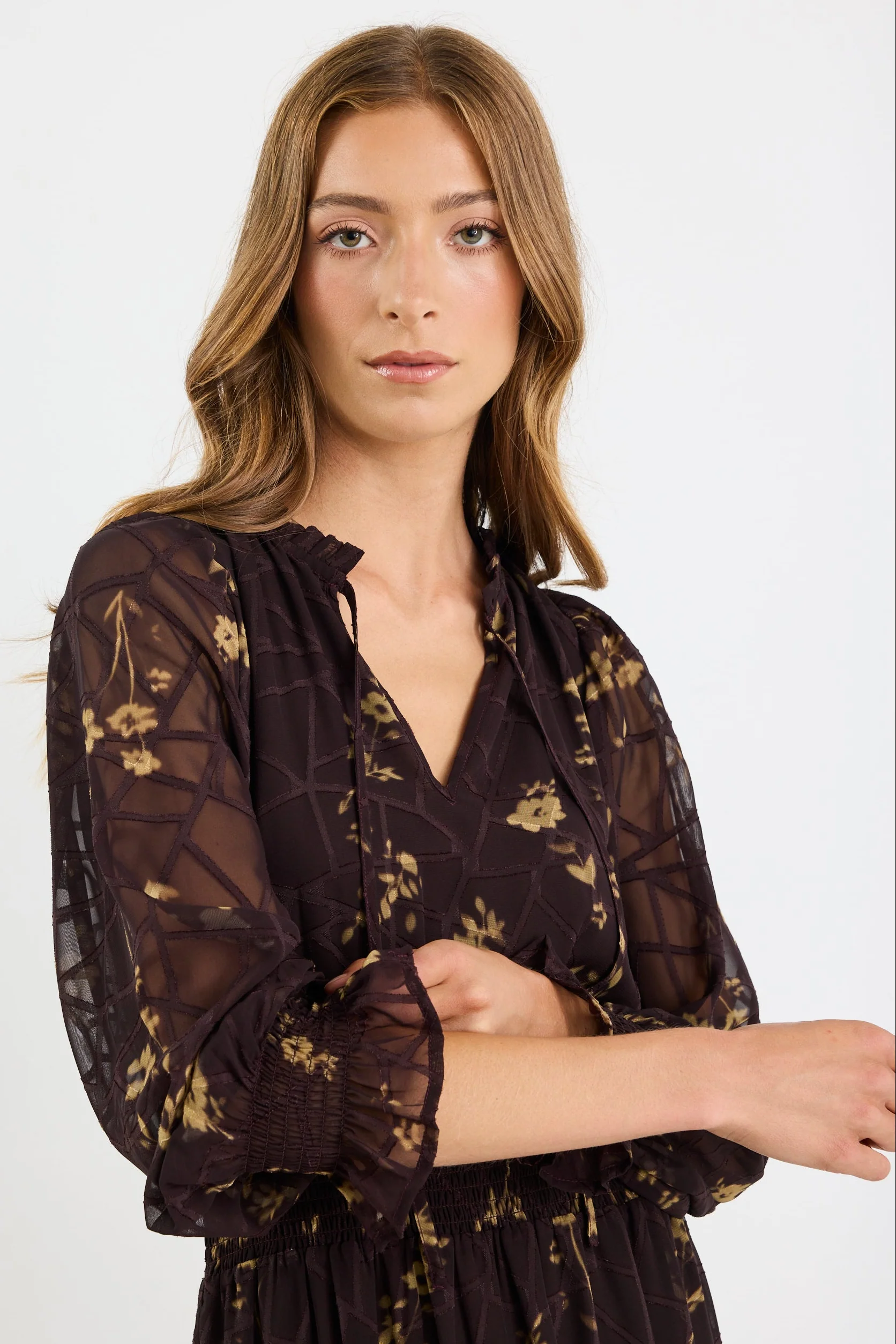 Addition Chocolate Butter Floral Long Sleeve Shirred Waist Tiered Maxi Dress - Image 5