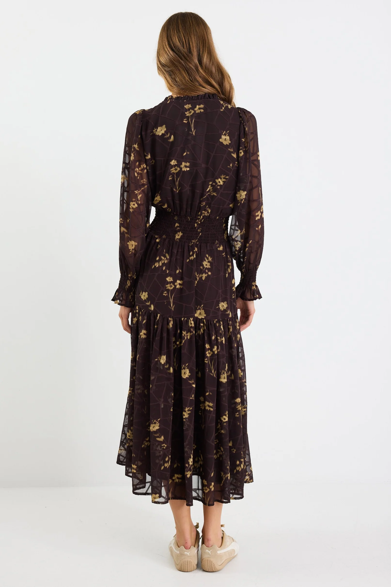 Addition Chocolate Butter Floral Long Sleeve Shirred Waist Tiered Maxi Dress - Image 6