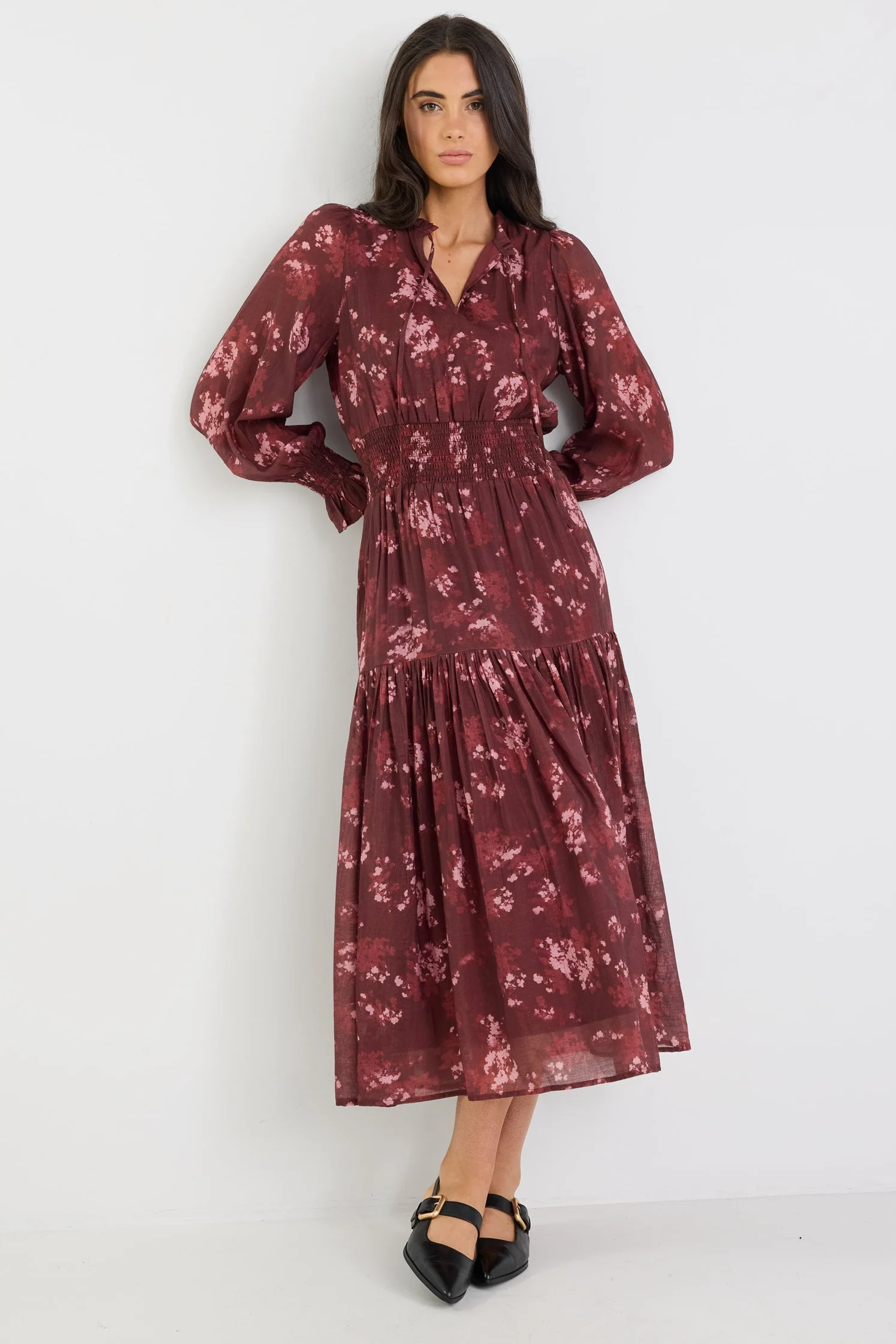 Addition Plum Smudge Floral Long Sleeve Shirred Waist Tiered Maxi Dress - Image 2