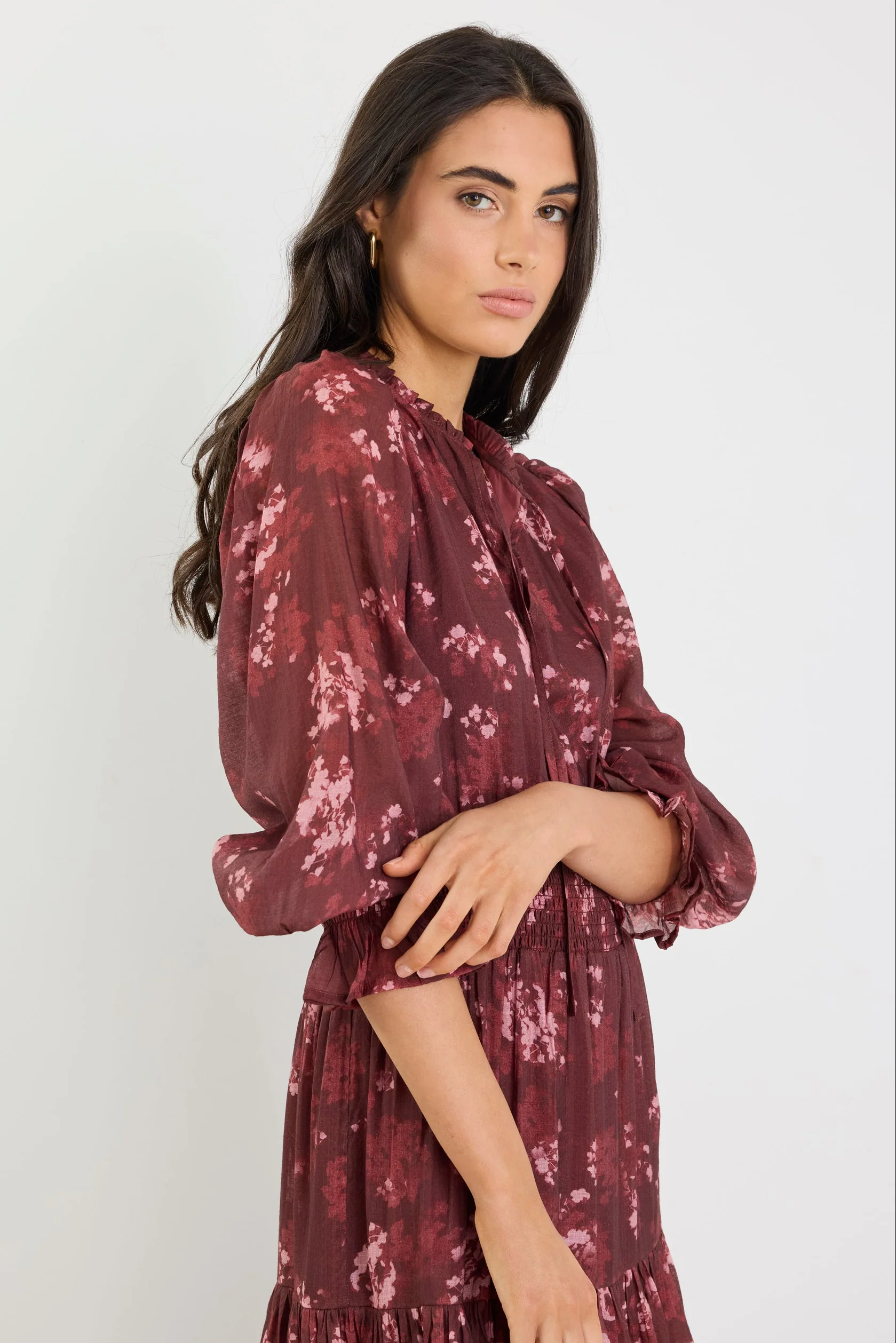 Addition Plum Smudge Floral Long Sleeve Shirred Waist Tiered Maxi Dress - Image 3