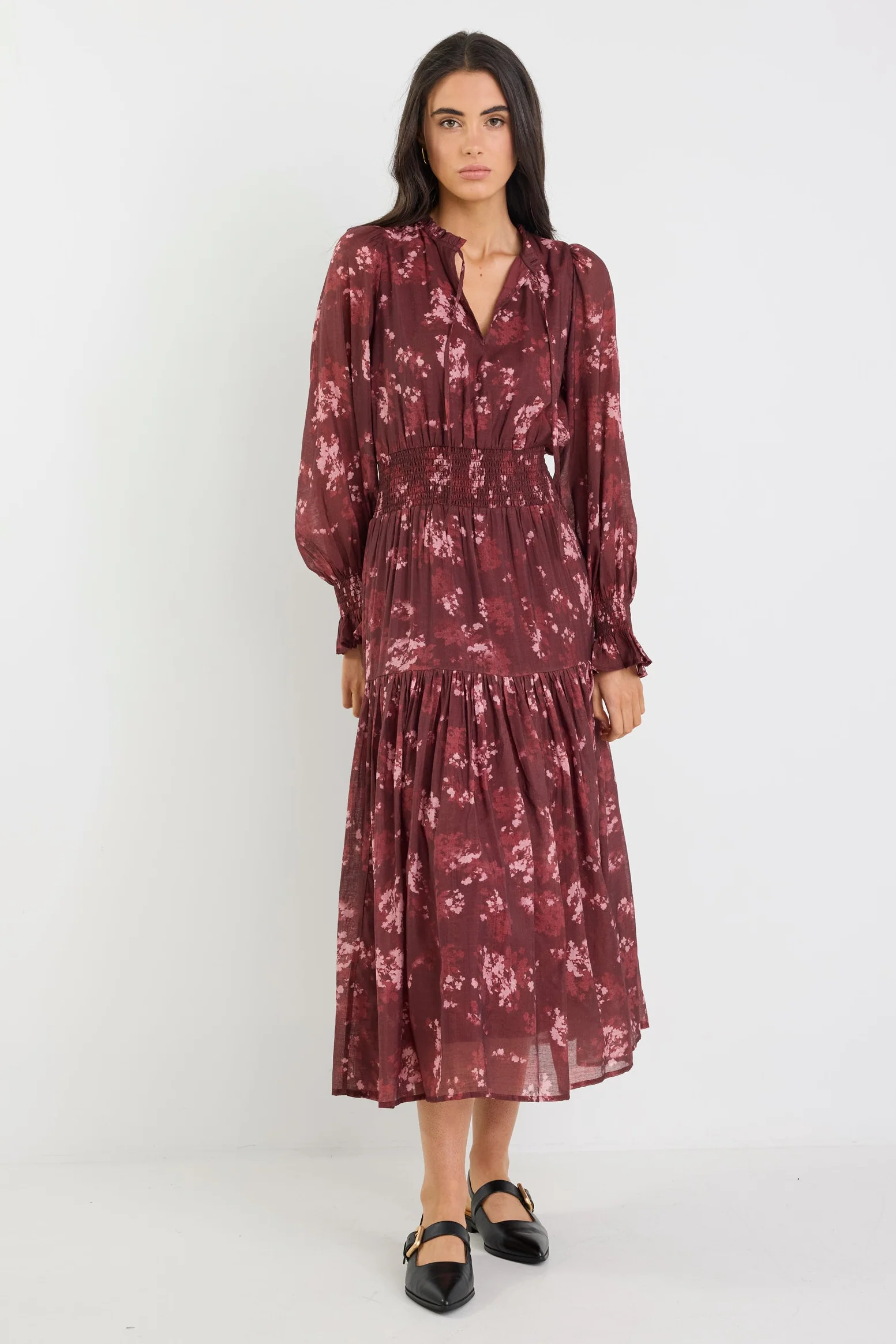 Addition Plum Smudge Floral Long Sleeve Shirred Waist Tiered Maxi Dress - Image 4