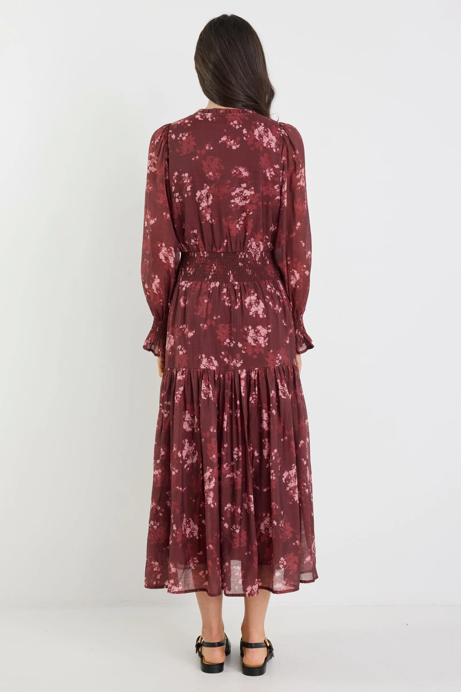 Addition Plum Smudge Floral Long Sleeve Shirred Waist Tiered Maxi Dress - Image 5