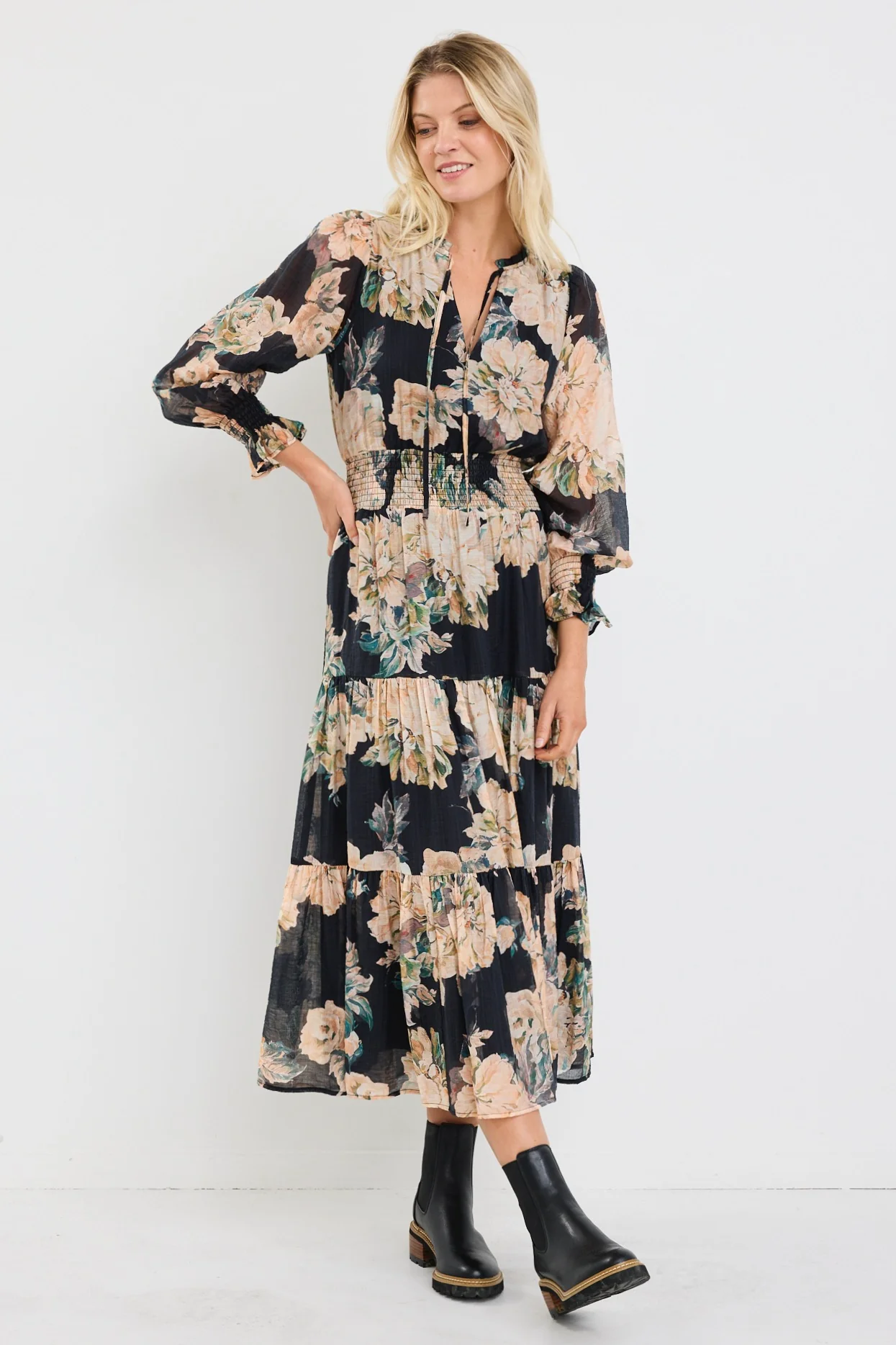 Addition Navy Peach Floral LS shirred Waist Tiered Maxi Dress - Image 3