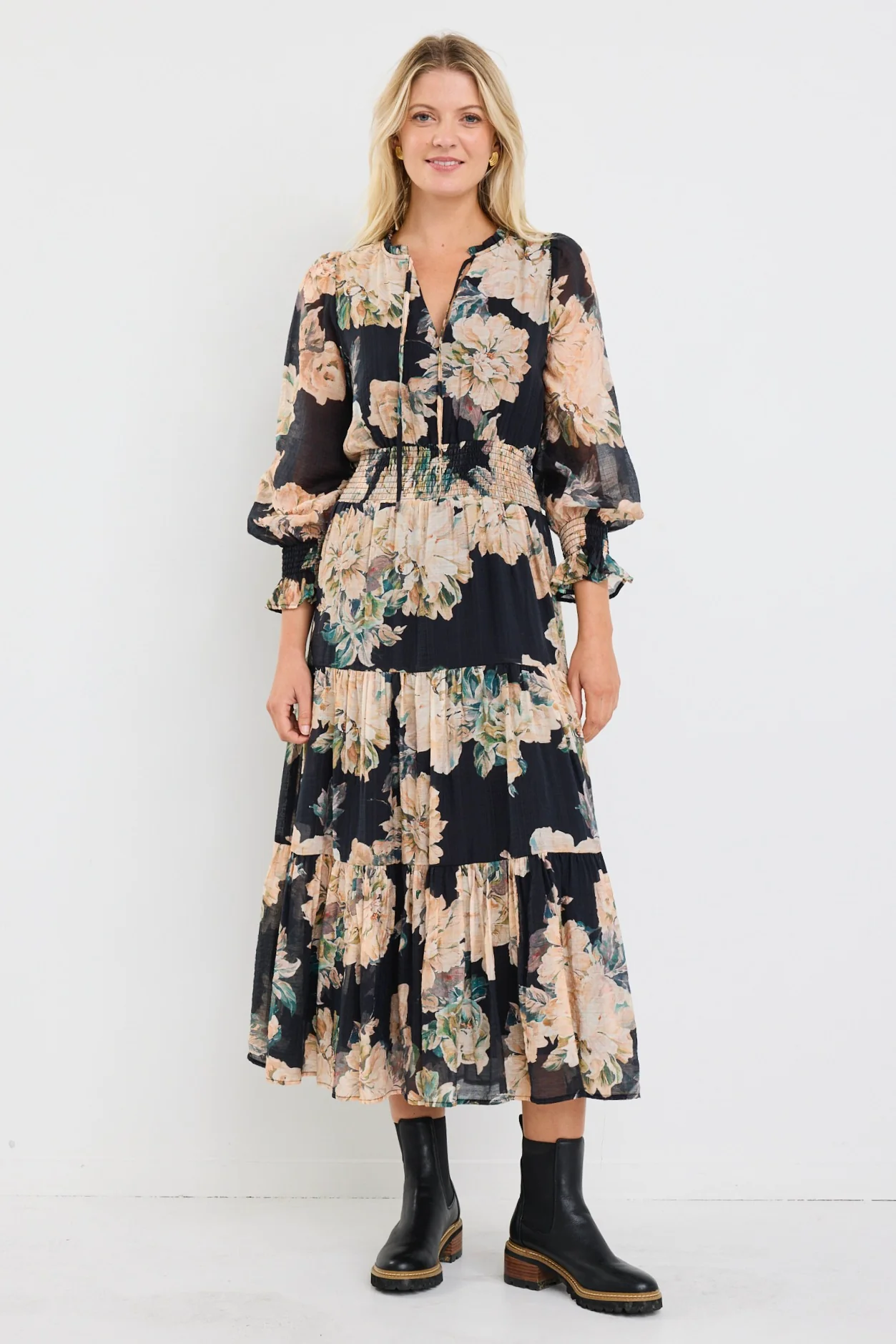 Addition Navy Peach Floral LS shirred Waist Tiered Maxi Dress - Image 5