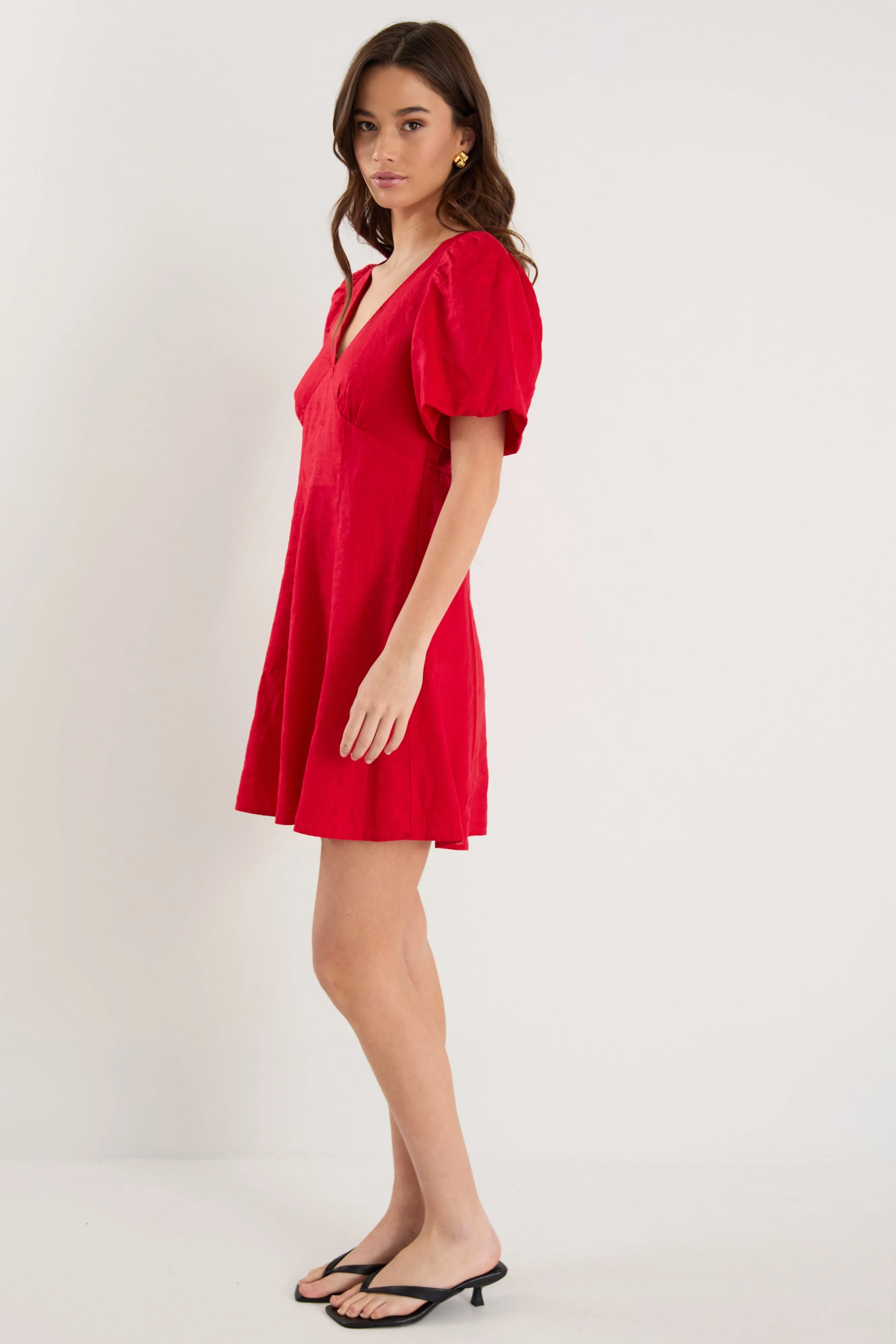 Adelaide Cherry Linen Puff Sleeve Panelled Mini Dress - Image 4