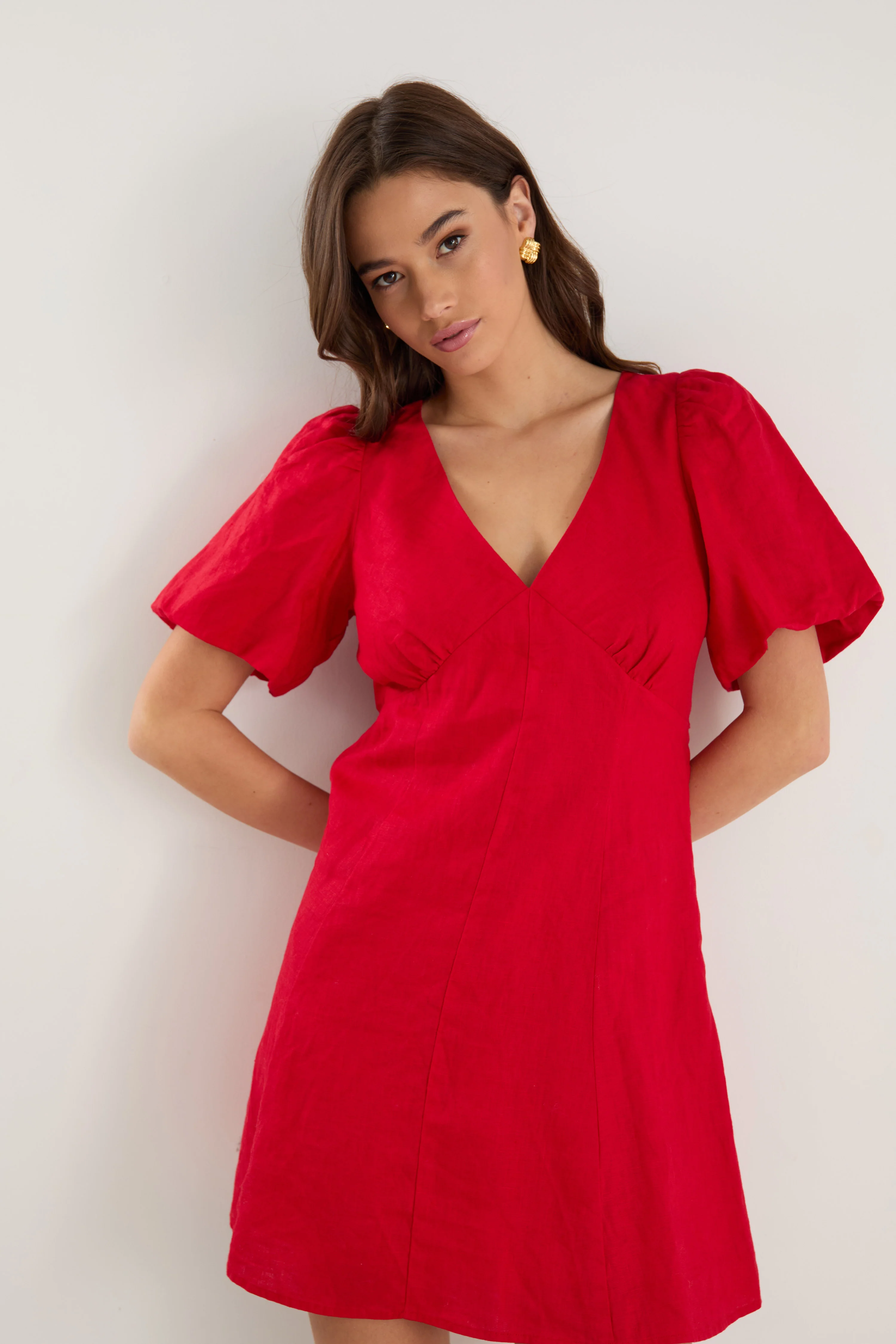 Adelaide Cherry Linen Puff Sleeve Panelled Mini Dress - Image 6