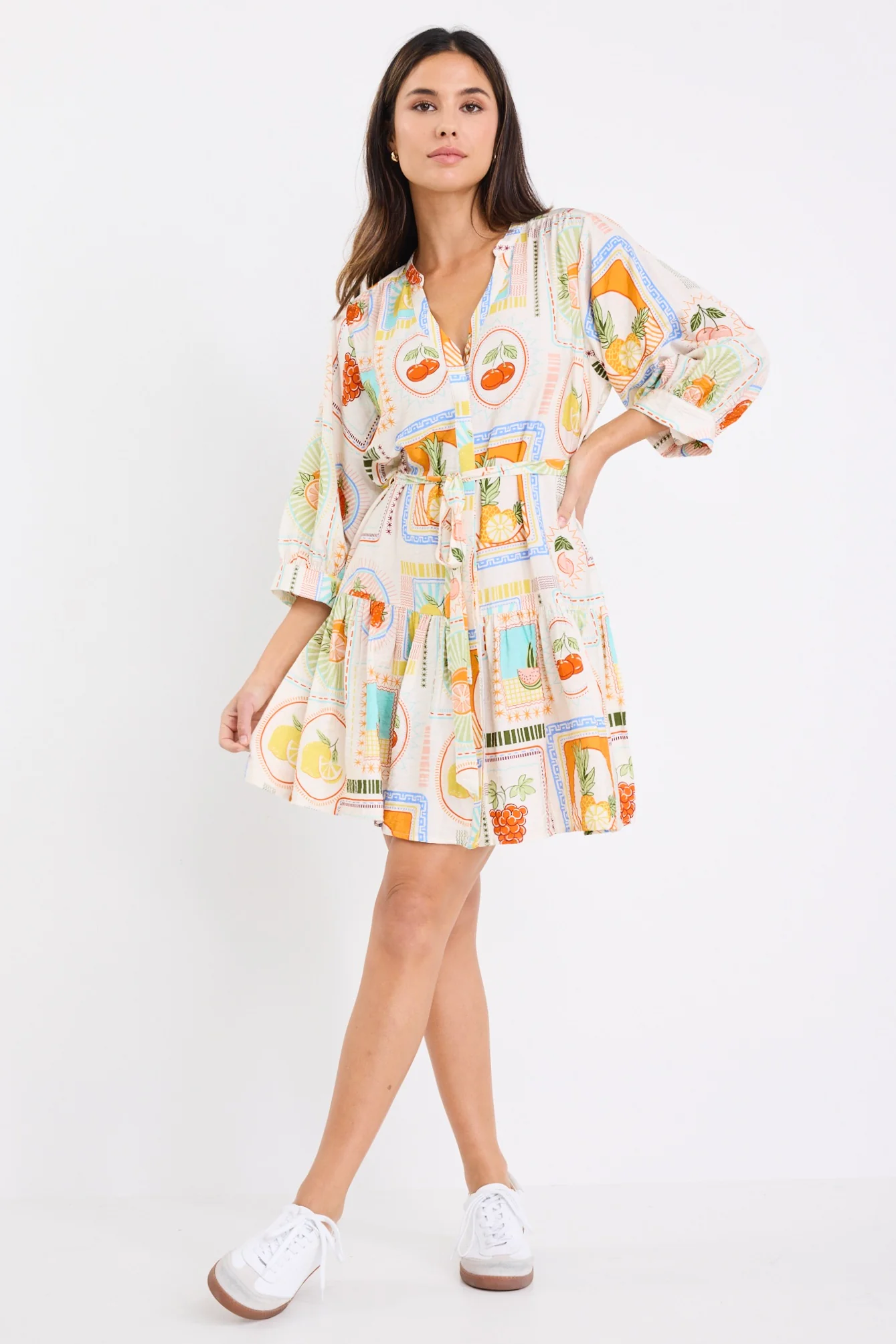 Adoration Cream Tropical Postcard Short Sleeve Button Front Mini Dress - Image 2
