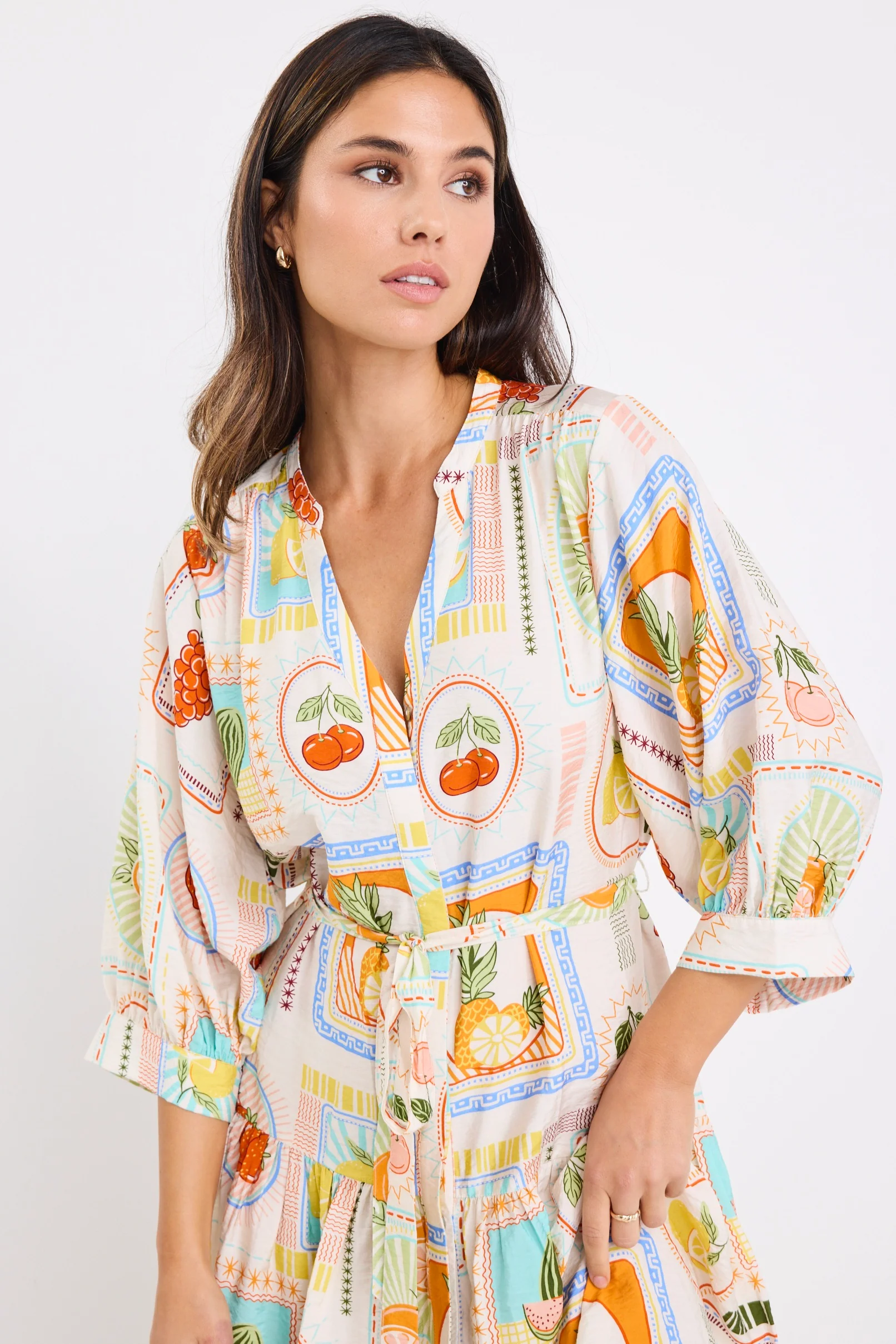 Adoration Cream Tropical Postcard Short Sleeve Button Front Mini Dress - Image 3