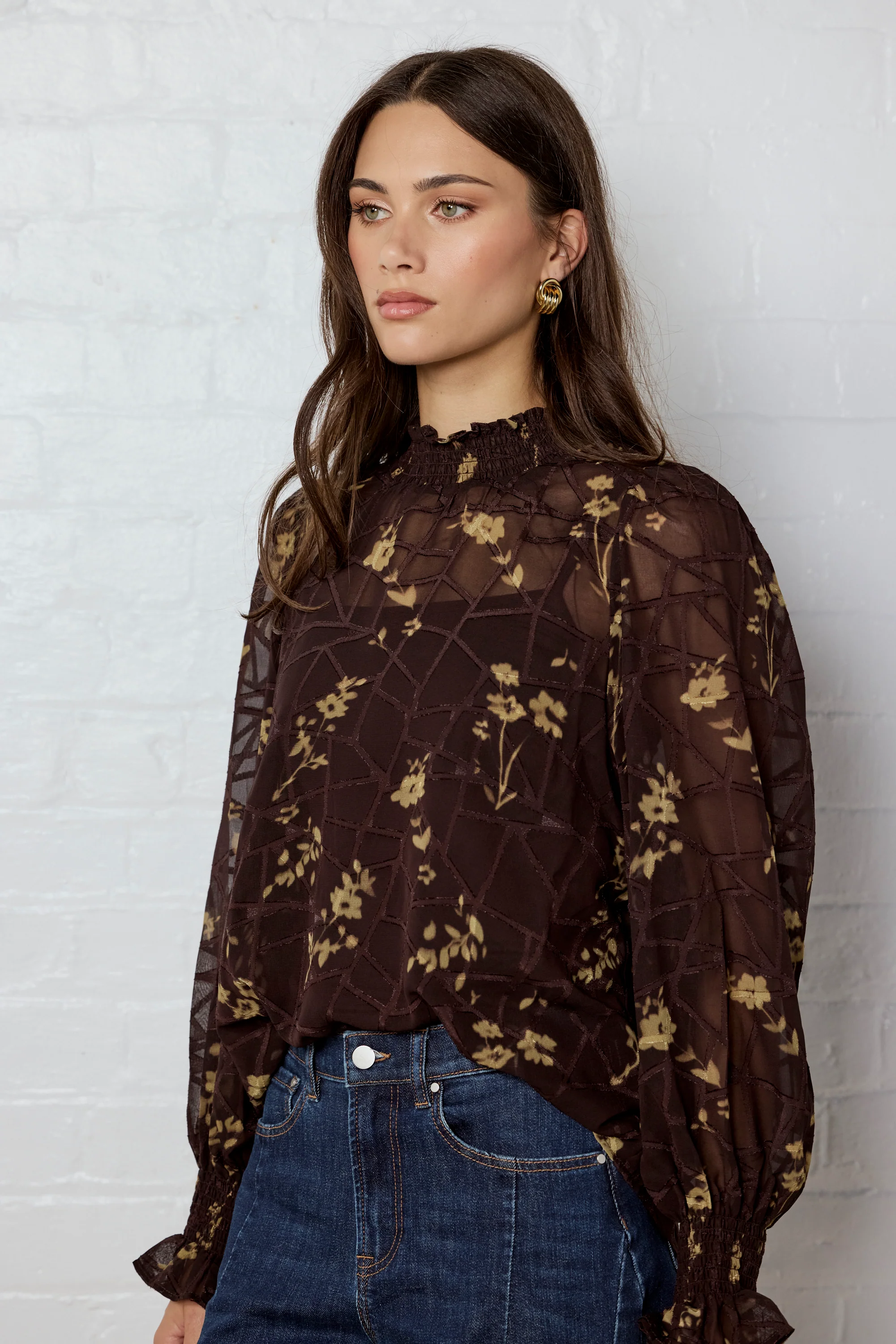 Affection Chocolate Butter Floral Shirred High Neck LS Top - Image 6