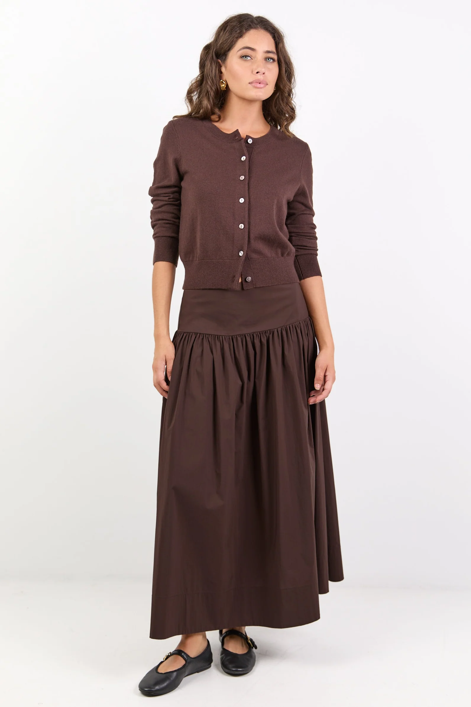 Affinity Chocolate Cotton Blend Shirred Back Tiered Maxi Skirt - Image 2