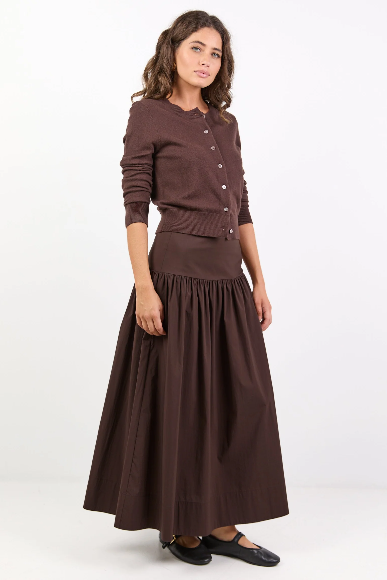 Affinity Chocolate Cotton Blend Shirred Back Tiered Maxi Skirt - Image 3