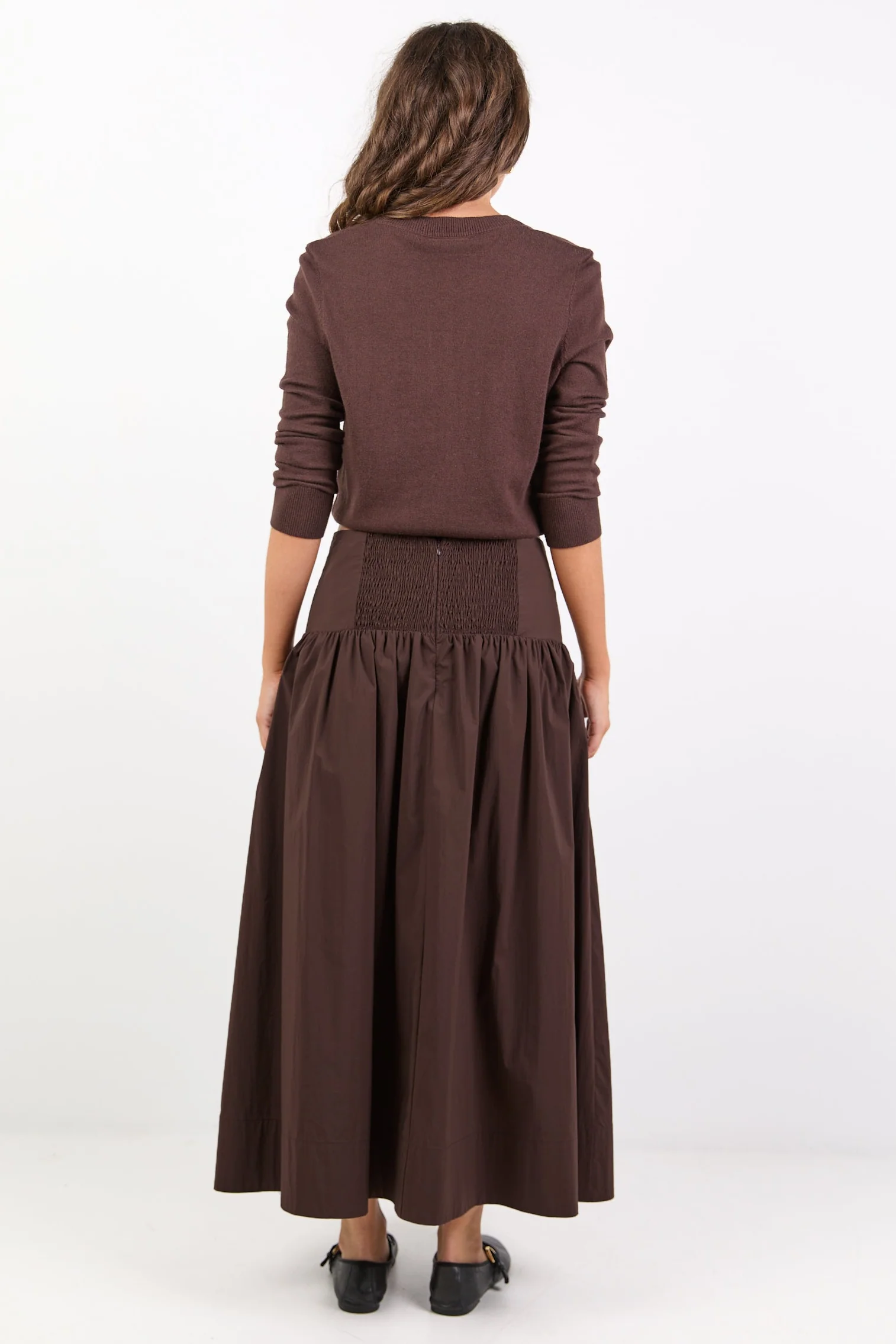 Affinity Chocolate Cotton Blend Shirred Back Tiered Maxi Skirt - Image 6