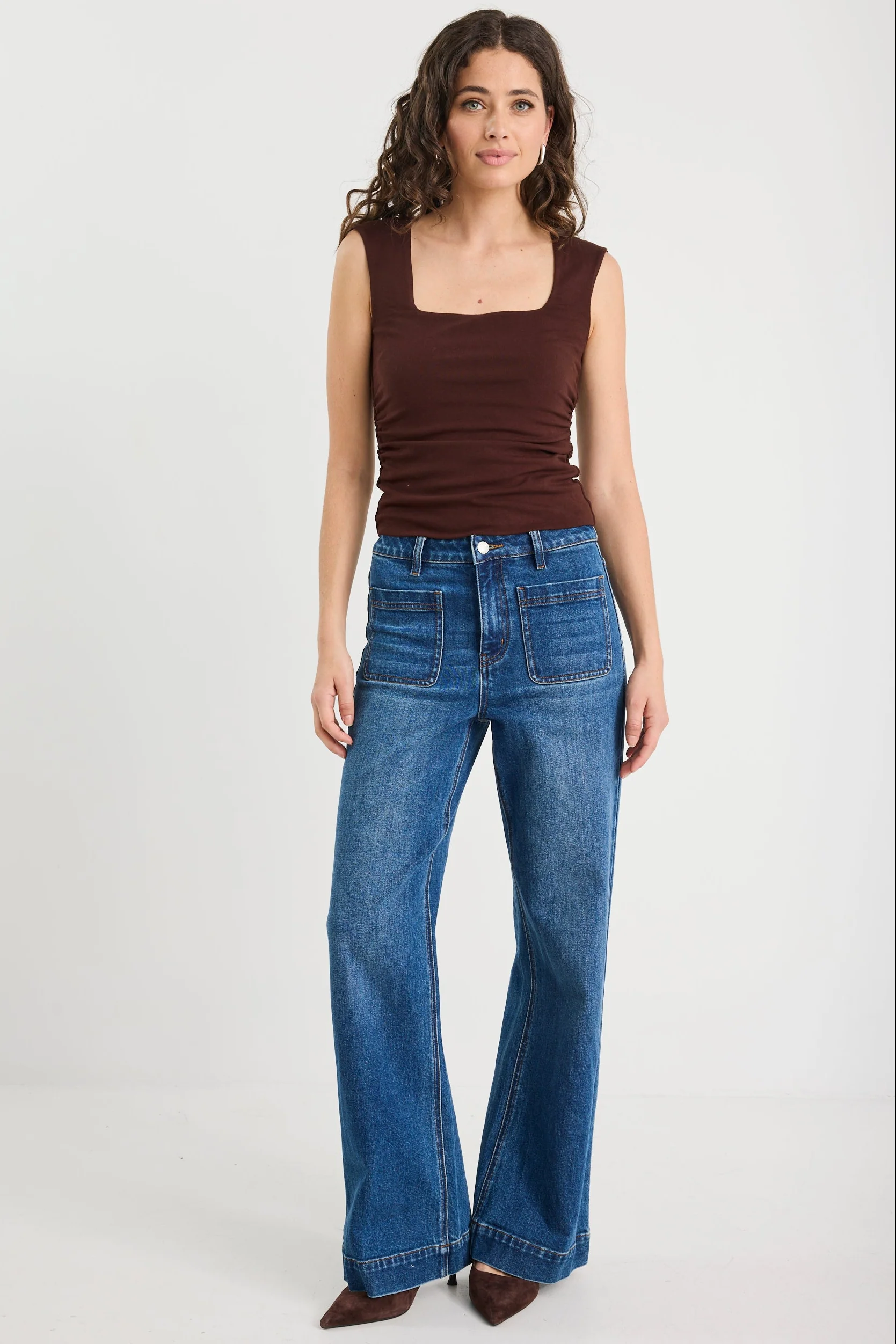 Affirmation Chocolate Ruched Square Neck Sleeveless Top - Image 2