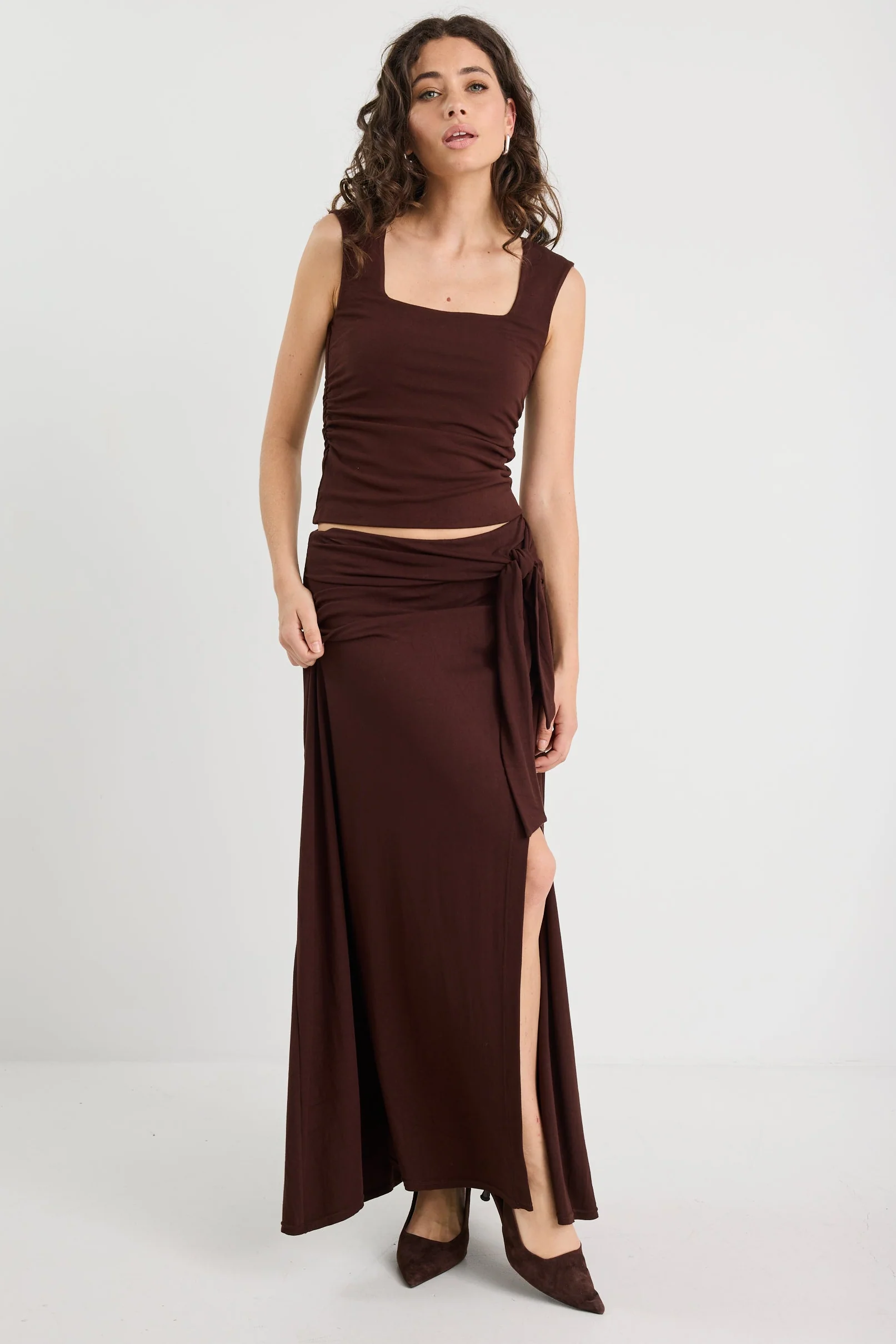 Affirmation Chocolate Ruched Square Neck Sleeveless Top - Image 3