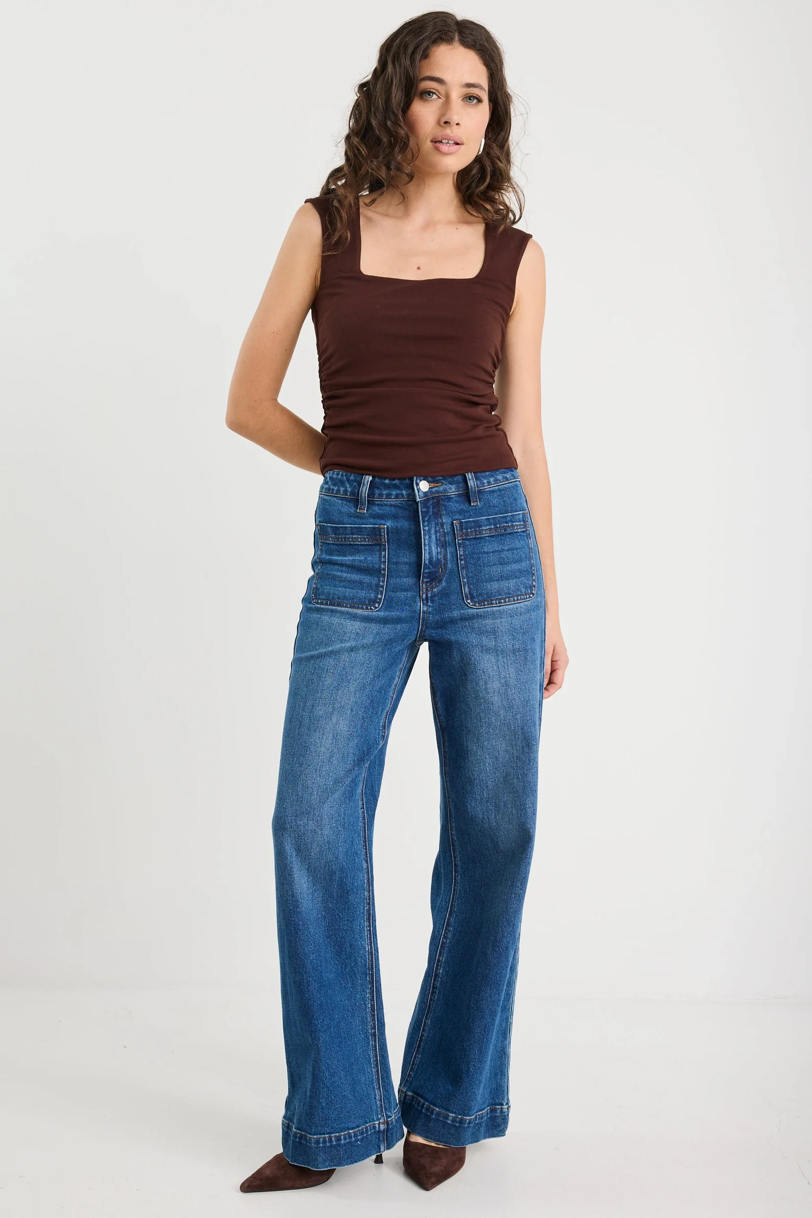 Affirmation Chocolate Ruched Square Neck Sleeveless Top - Image 4