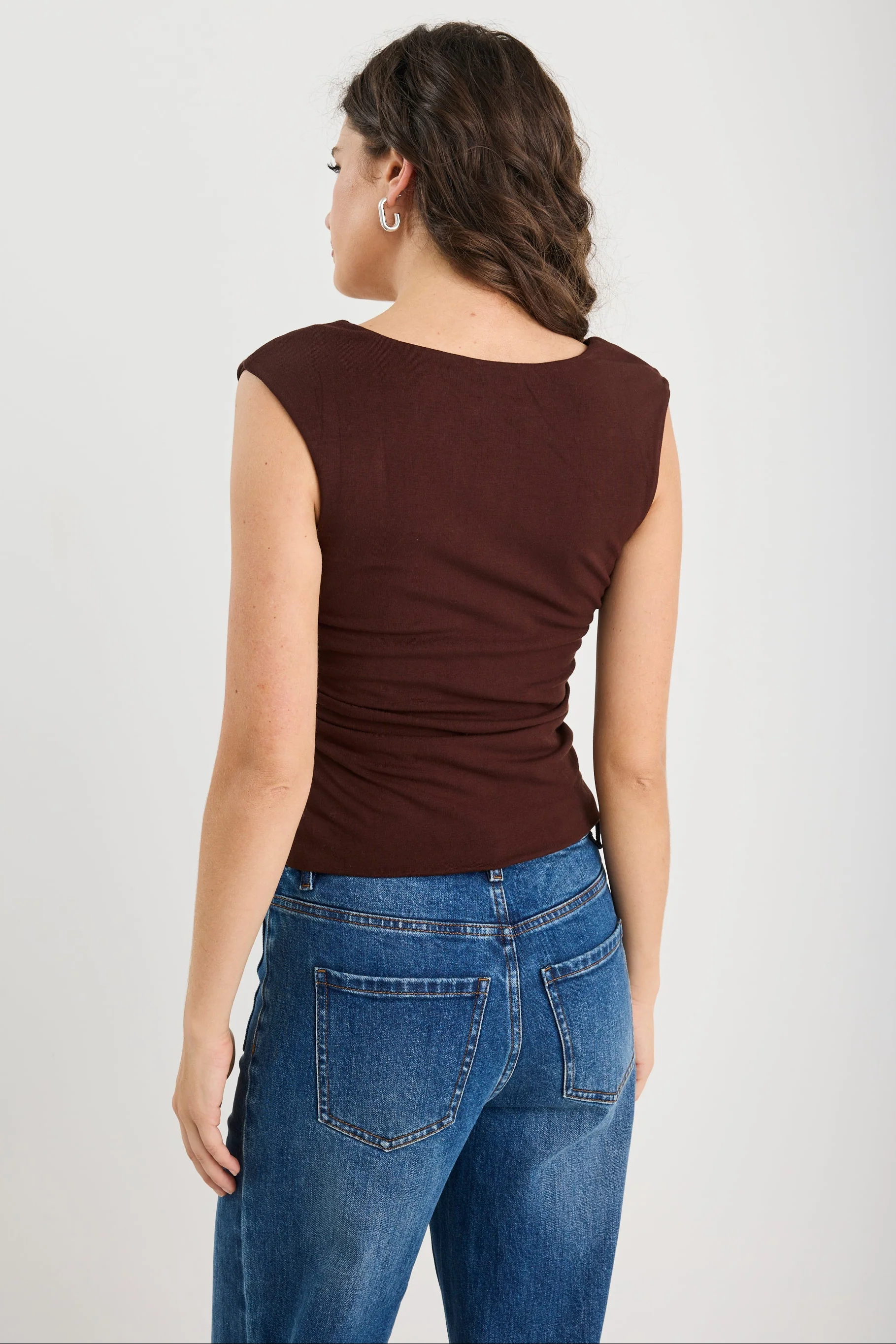 Affirmation Chocolate Ruched Square Neck Sleeveless Top - Image 6