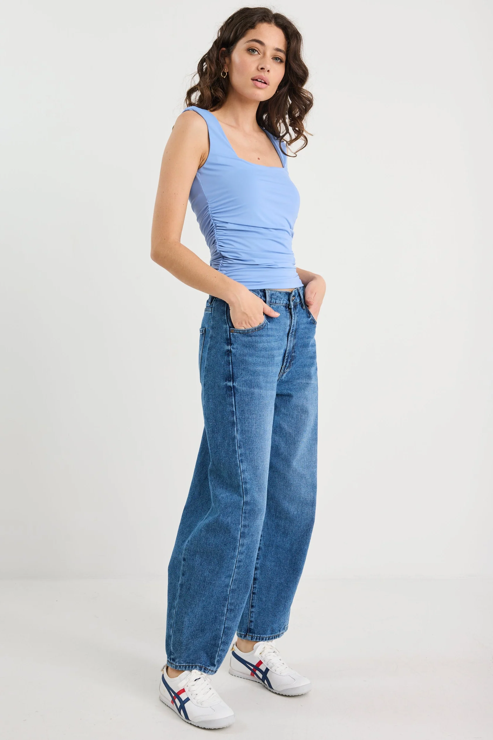 Affirmation Pale Blue Ruched Square Neck Top - Image 2