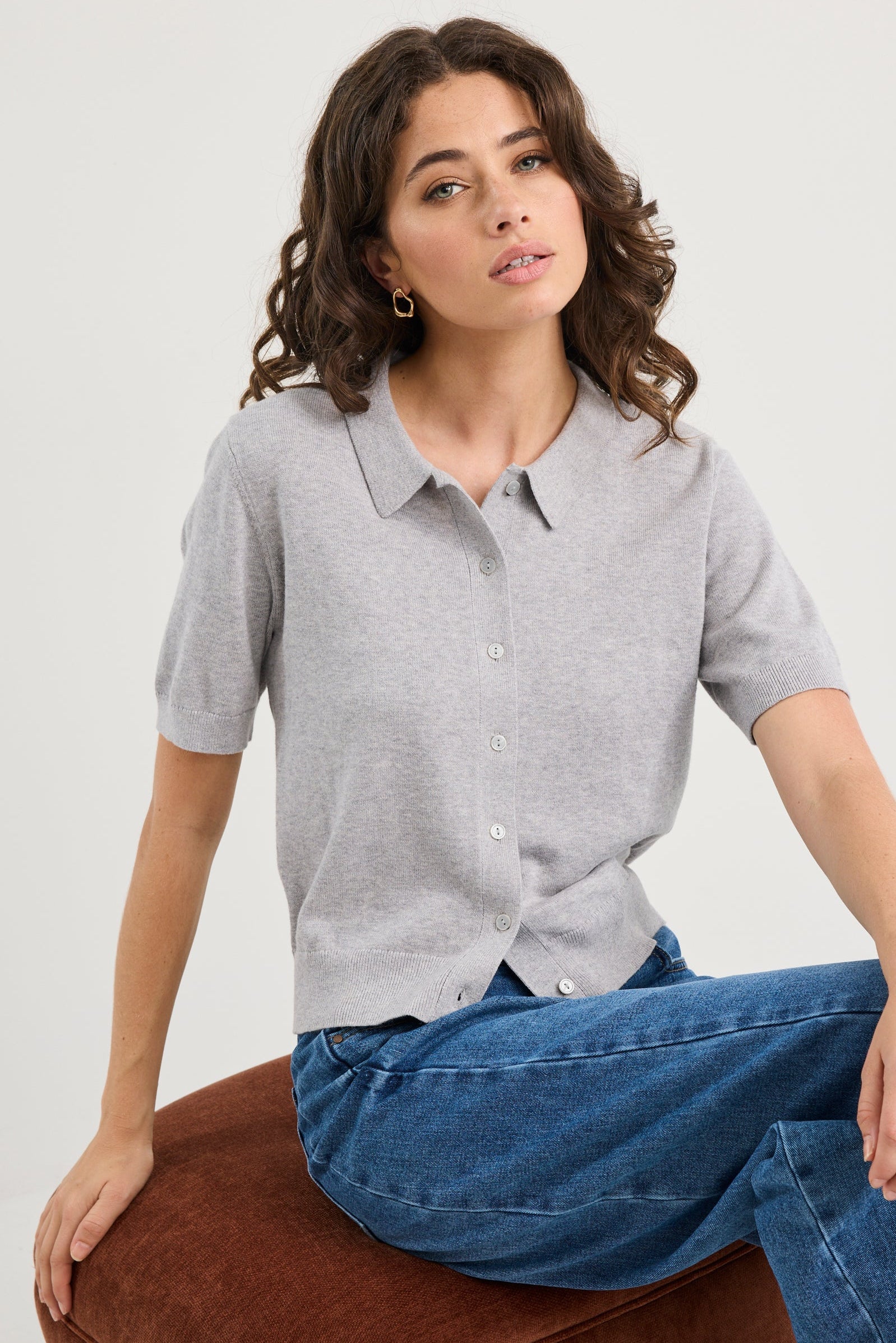 Agency Grey Marle Short Sleeve Knit Polo Cardigan