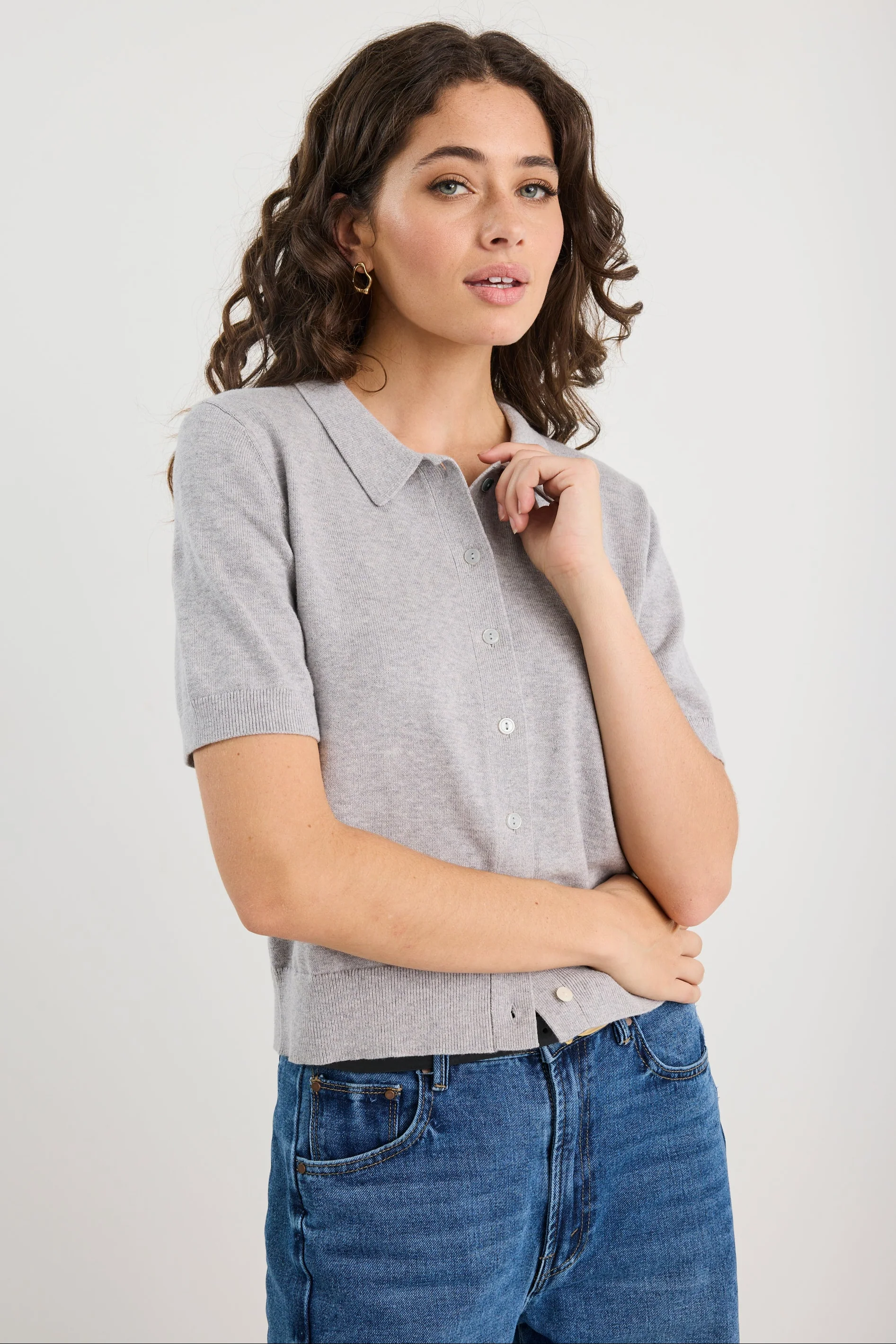 Agency Grey Marle Short Sleeve Knit Polo Cardigan - Image 3