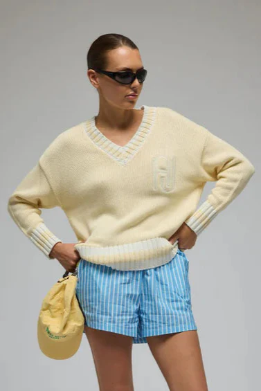 AJ Lemon Cream V Neck Knit Sweater