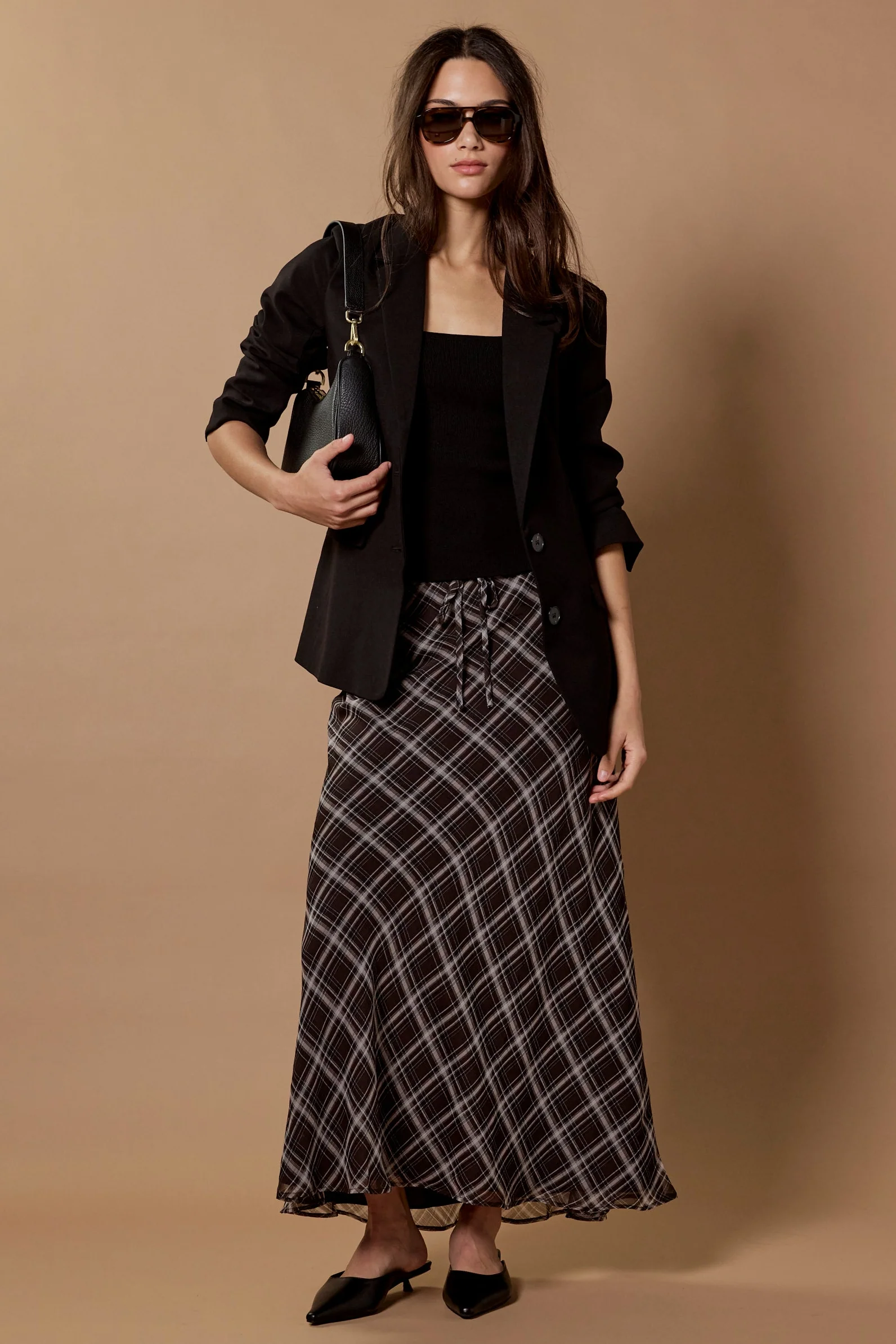Align Black Chocolate Check Tie Waist Bias Maxi Skirt