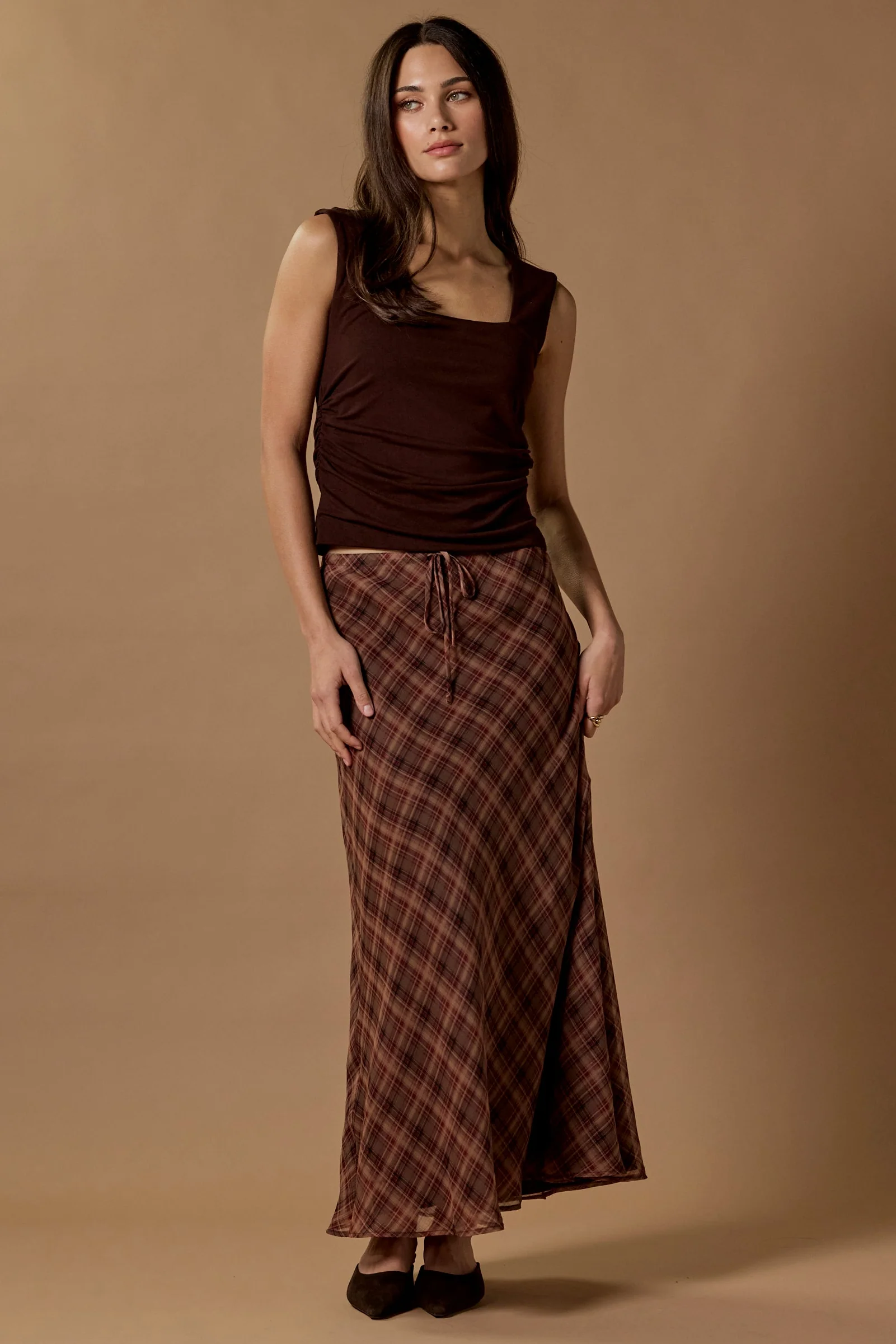 Align Wine Cinnamon Check Tie Waist Bias Maxi Skirt - Image 2