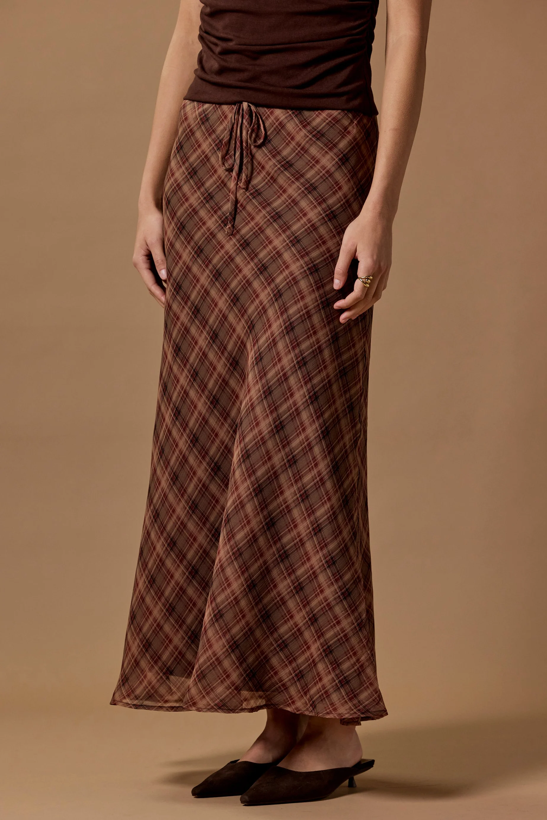 Align Wine Cinnamon Check Tie Waist Bias Maxi Skirt - Image 3