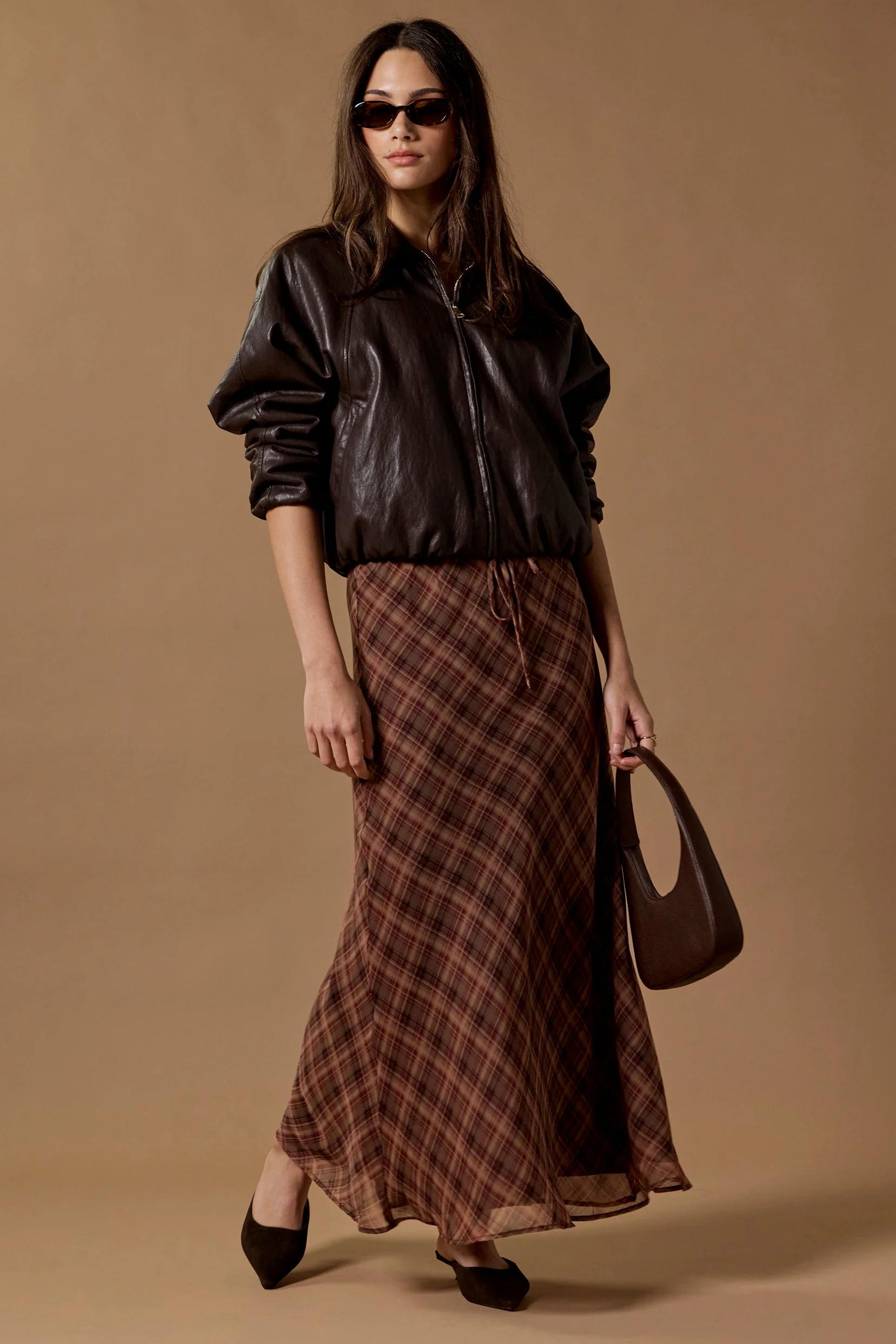 Align Wine Cinnamon Check Tie Waist Bias Maxi Skirt - Image 4