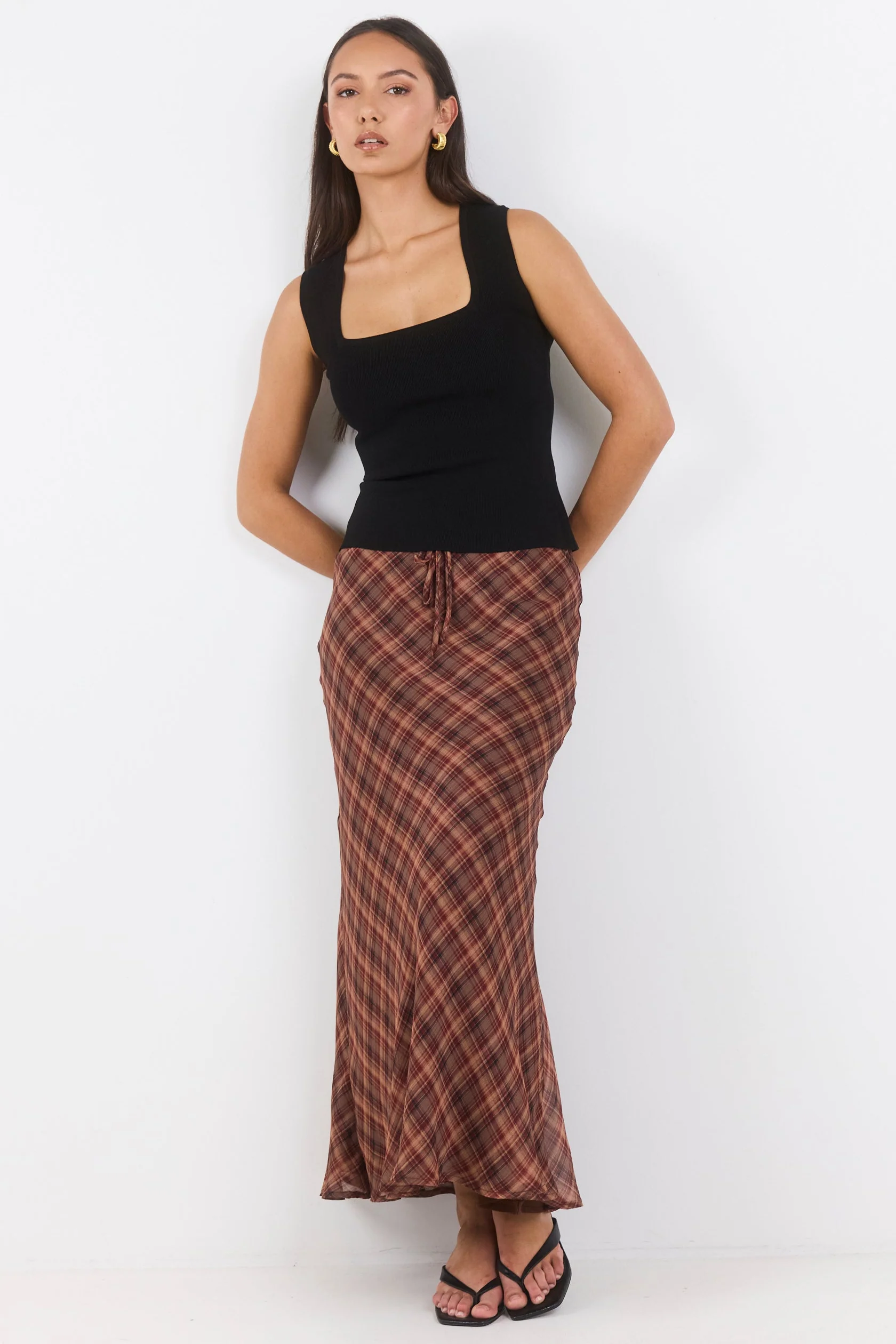 Align Wine Cinnamon Check Tie Waist Bias Maxi Skirt - Image 5