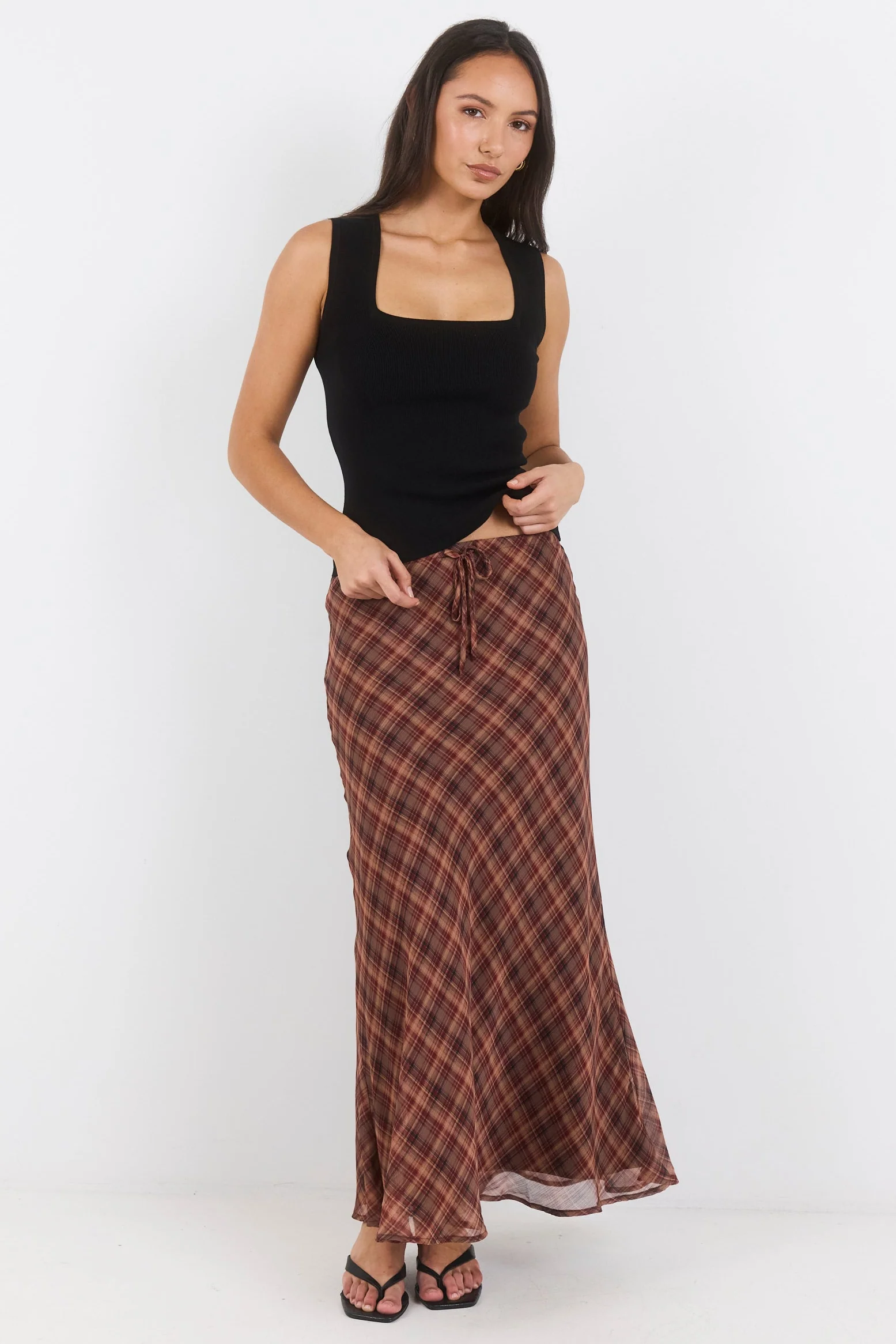 Align Wine Cinnamon Check Tie Waist Bias Maxi Skirt - Image 6