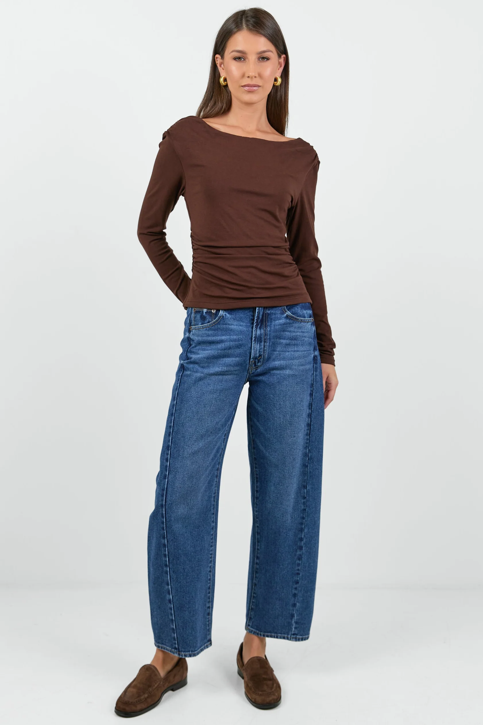 Alley Chocolate Rib Asymmetric Neck LS Top - Image 3