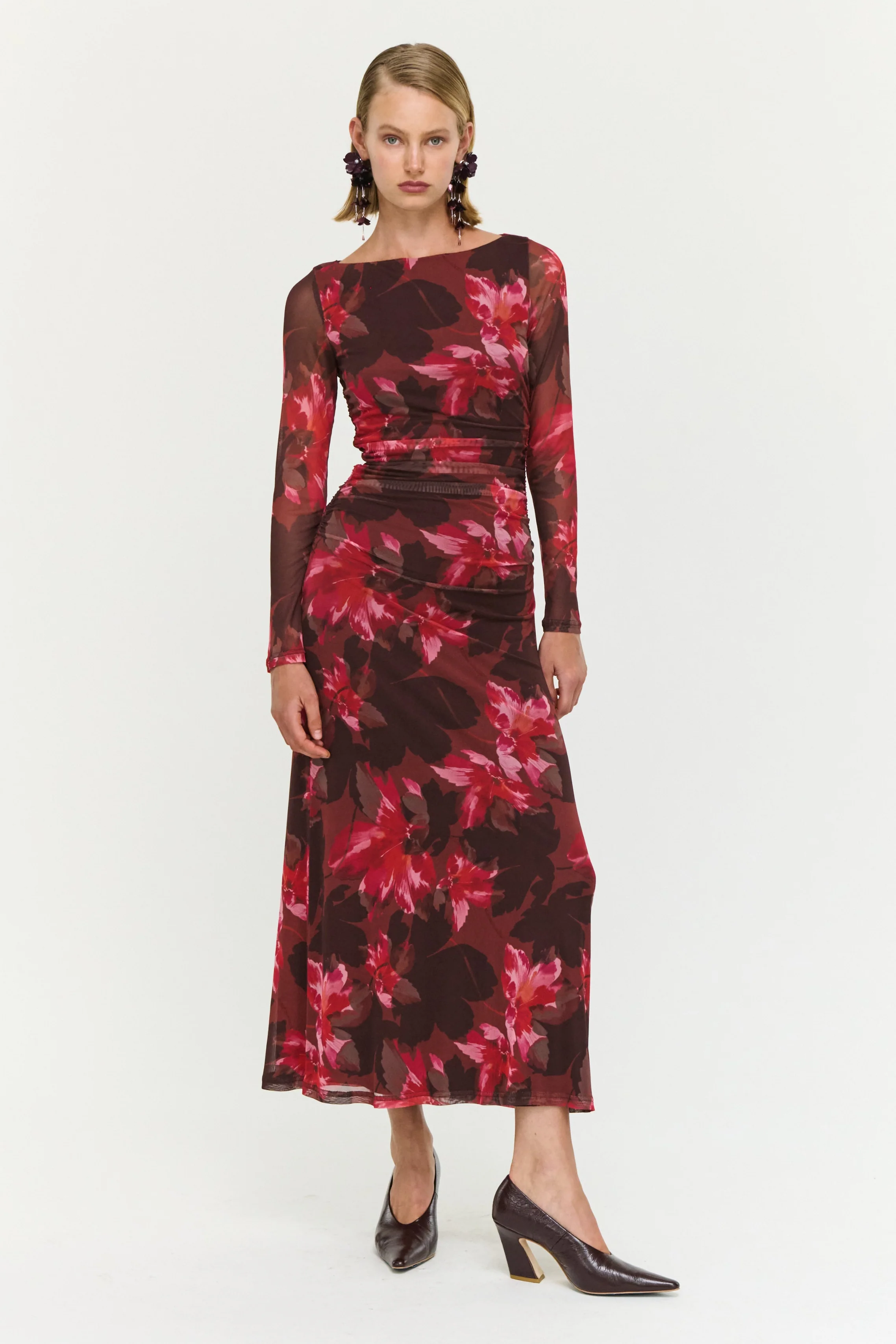 Amyra Bordeaux Garden Chocolate Mesh LS Midi Dress