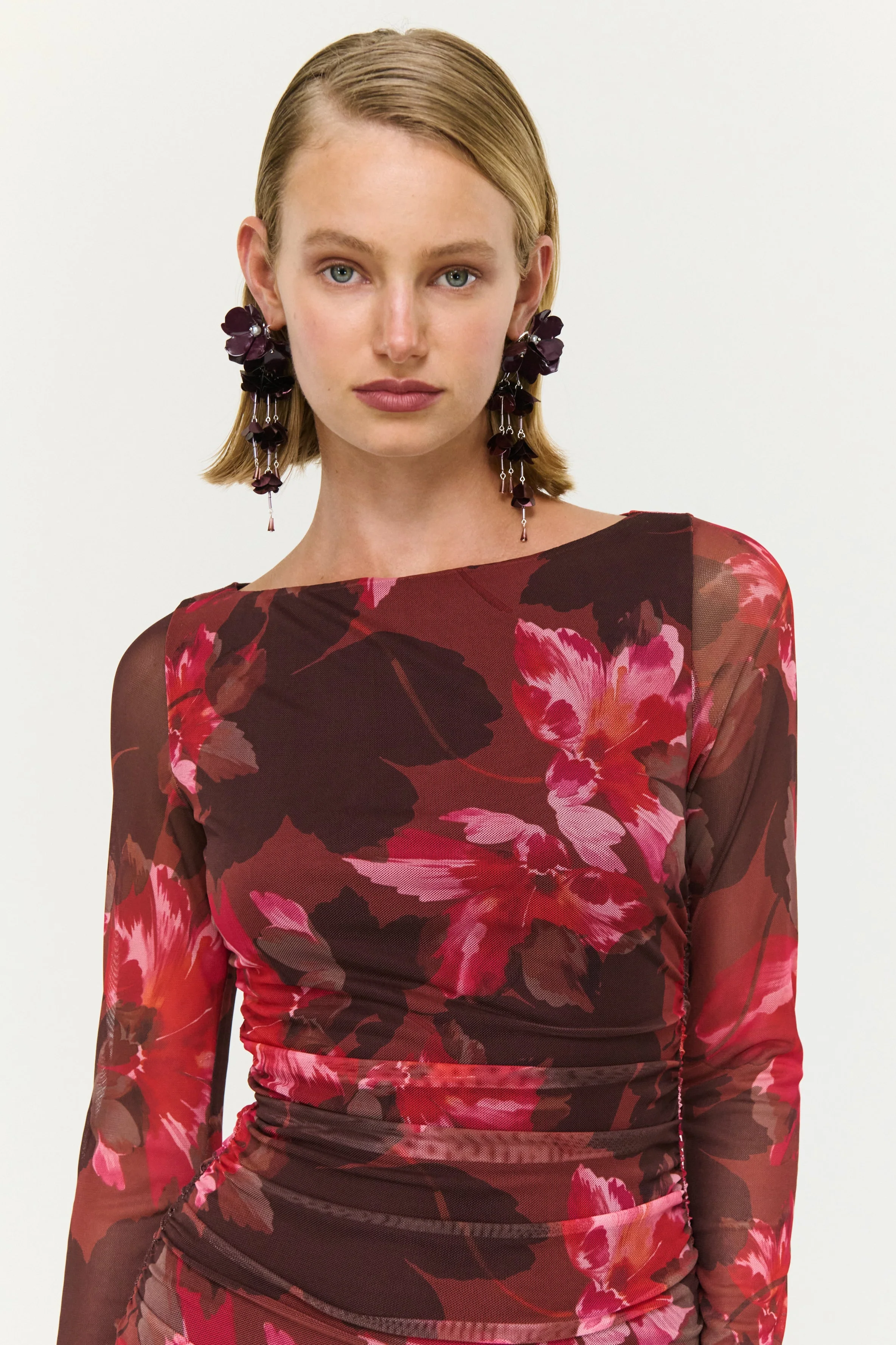 Amyra Bordeaux Garden Chocolate Mesh LS Midi Dress - Image 2