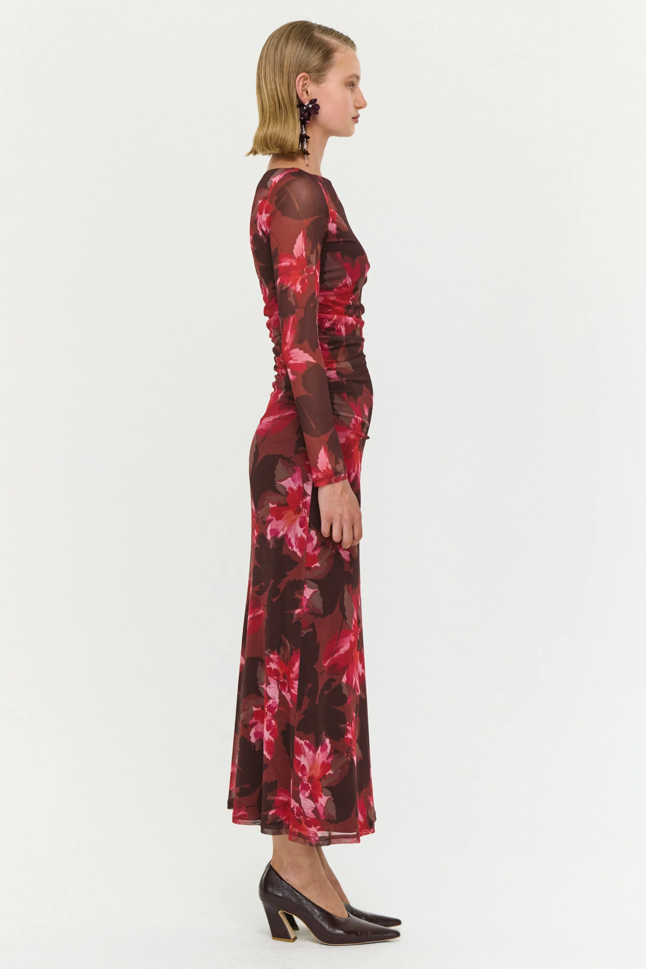 Amyra Bordeaux Garden Chocolate Mesh LS Midi Dress - Image 3
