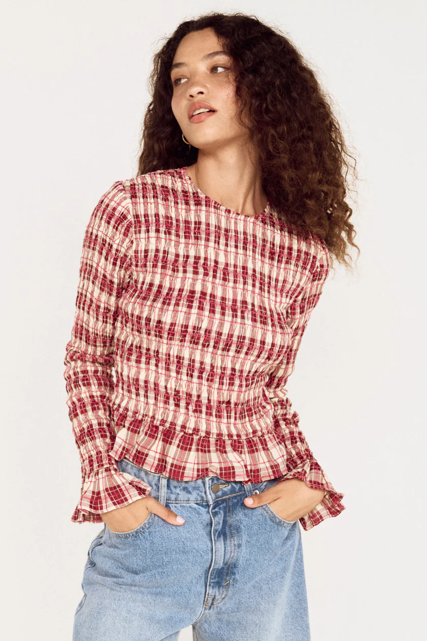 Anouk Wine Check Shirred LS Top