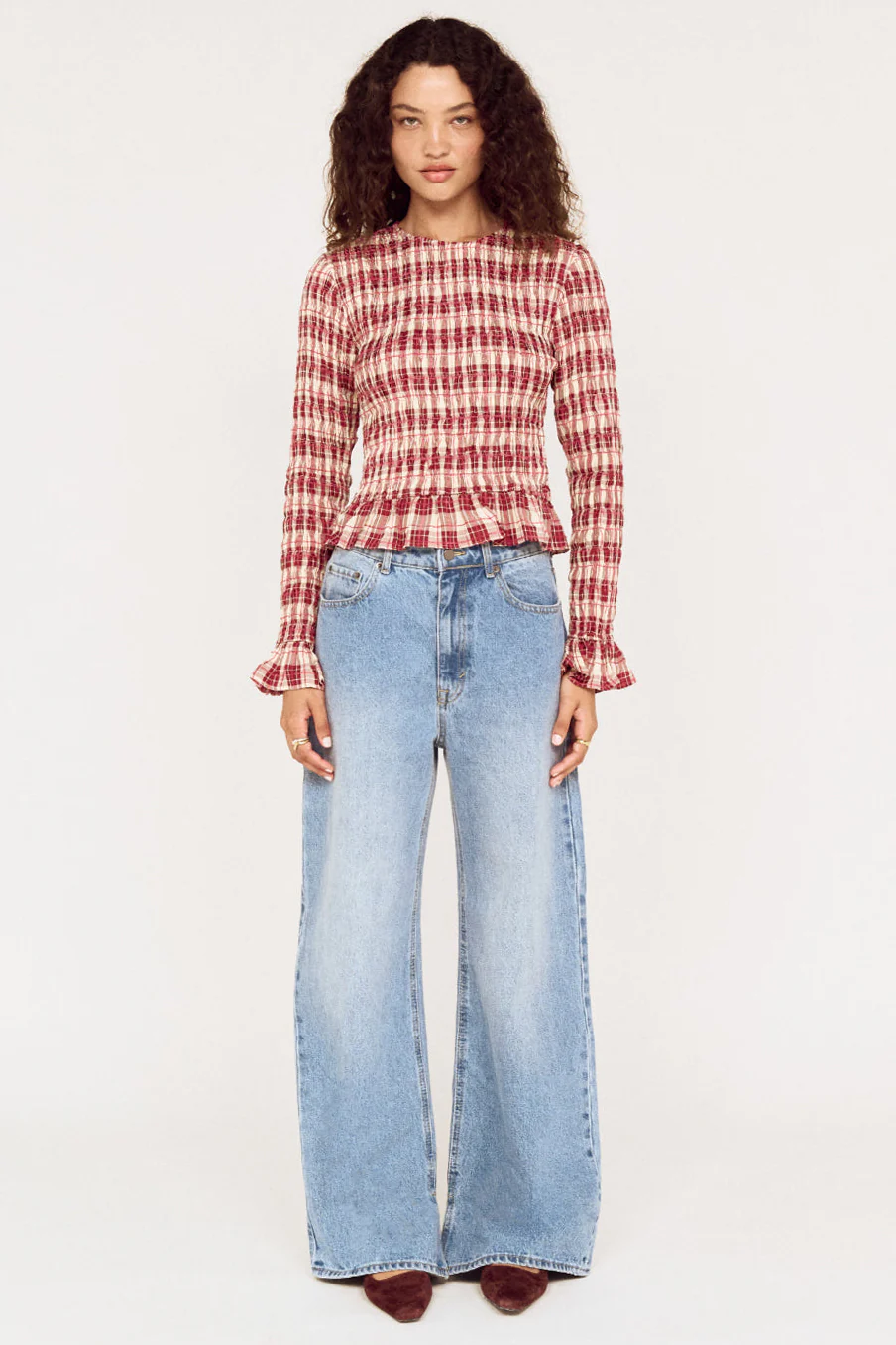 Anouk Wine Check Shirred LS Top - Image 2