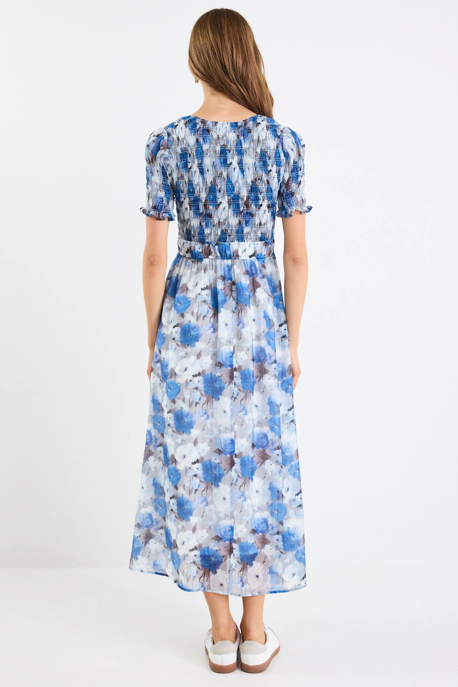 Aperture Sky Blue Floral Short Sleeve Shirred Bodice Midi Dress - Image 6