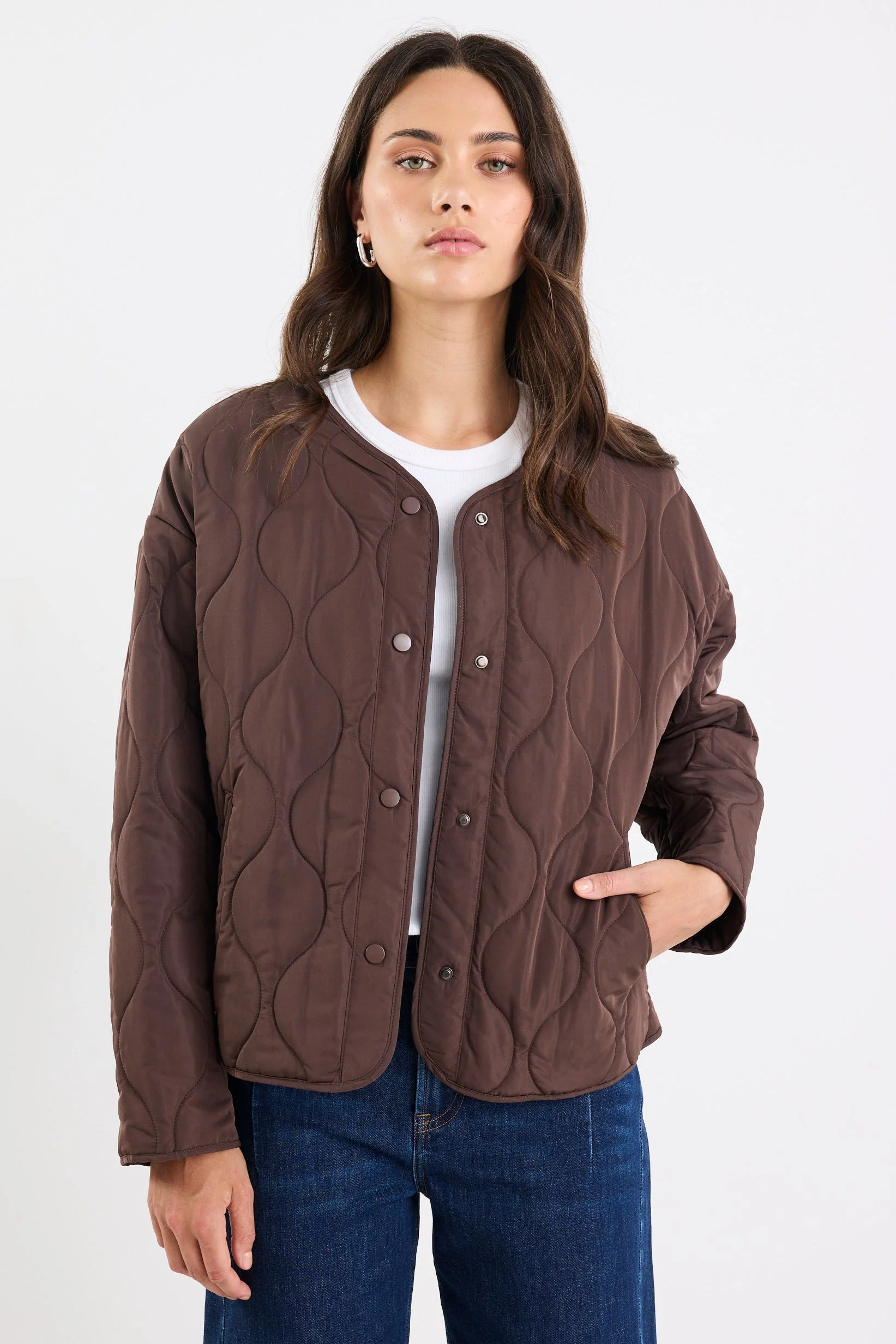 Apex Chocolate Collarless Quilted Puffer Jacket - Image 3