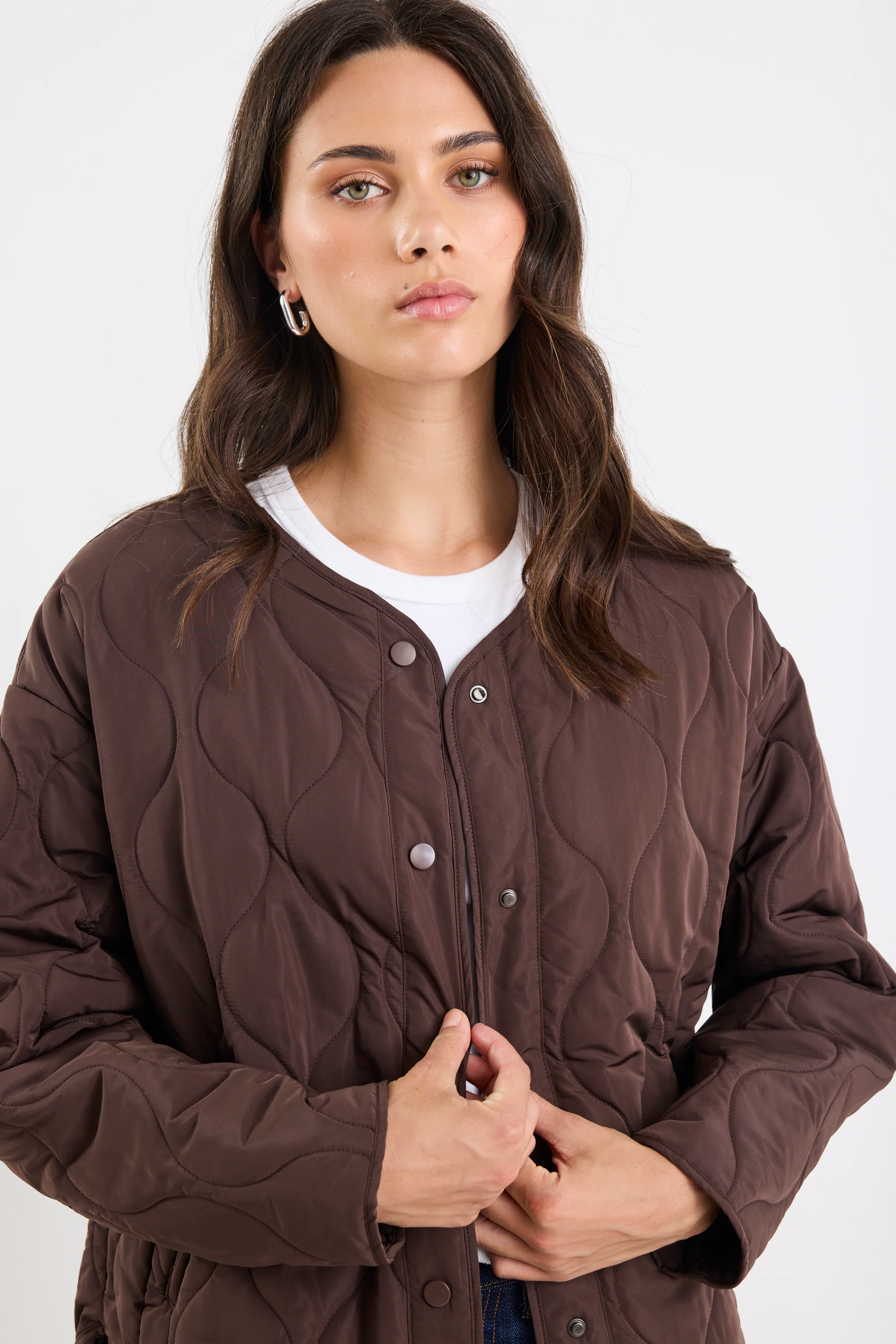 Apex Chocolate Collarless Quilted Puffer Jacket - Image 8