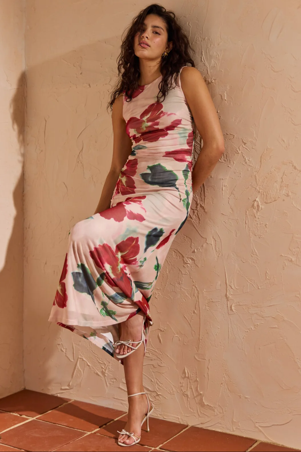 Arabella Red Floral Mesh Sleeveless Midi Dress