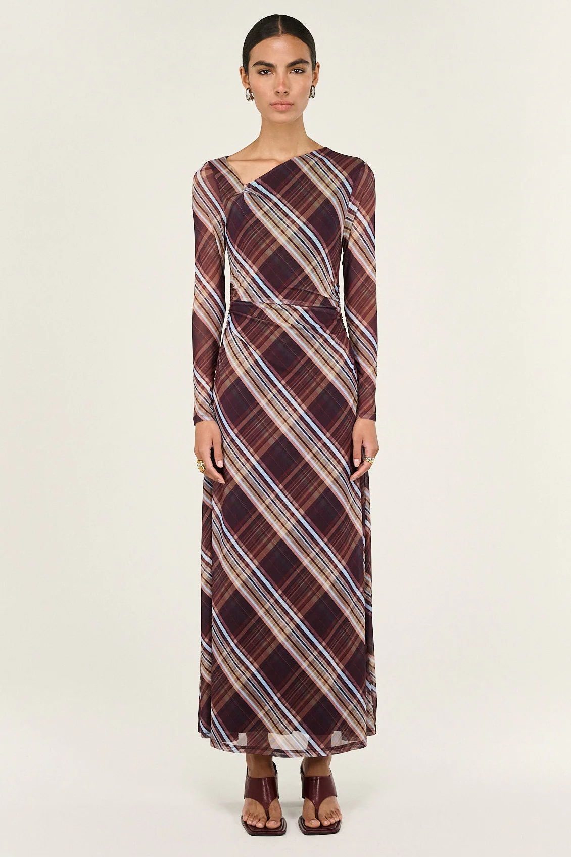 Arles Chocolate Check Mesh Asym Neck LS Midi Dress - Image 3