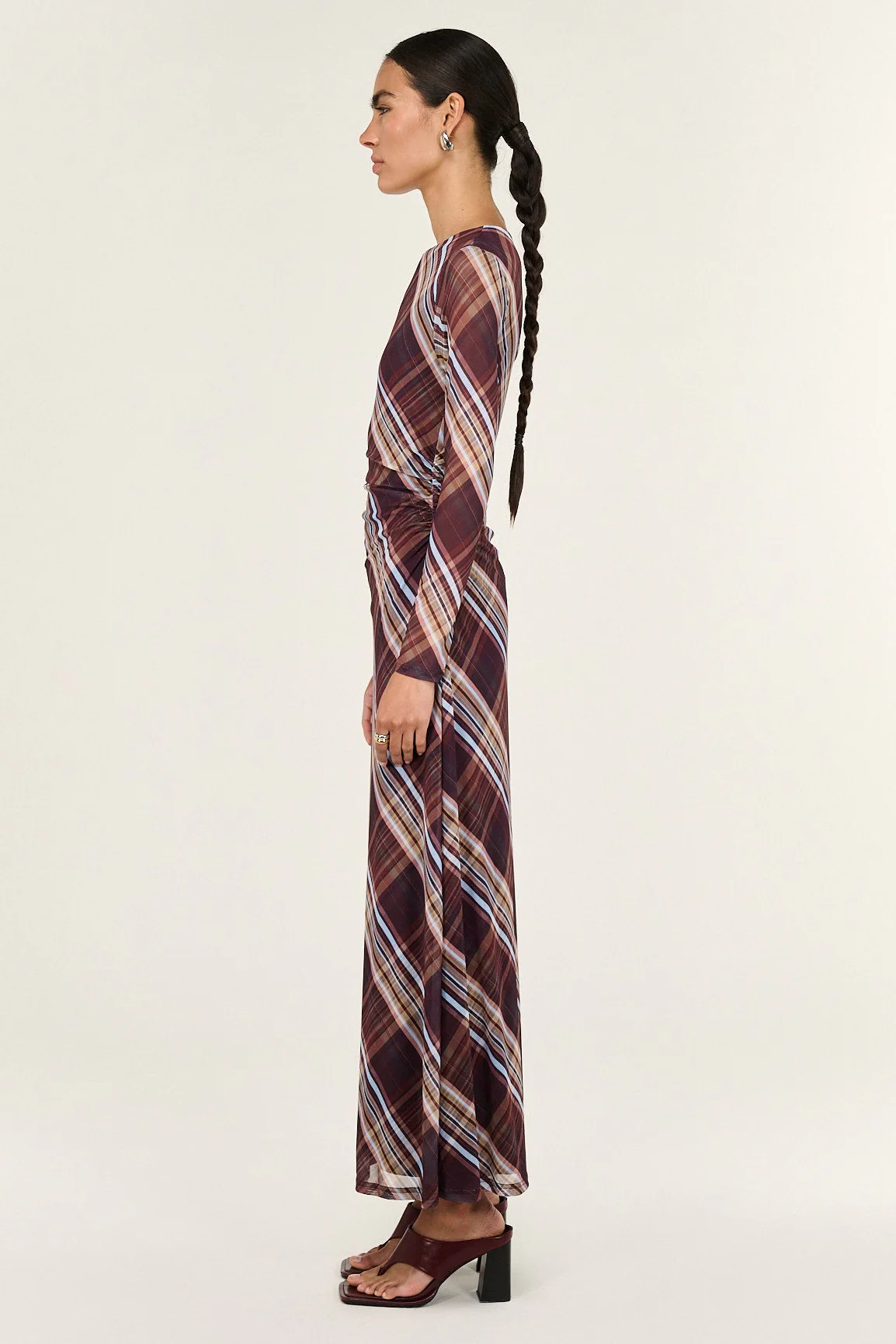 Arles Chocolate Check Mesh Asym Neck LS Midi Dress - Image 4