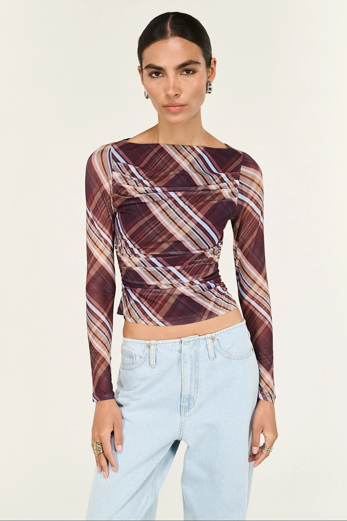 Arles Chocolate Check Mesh LS Top